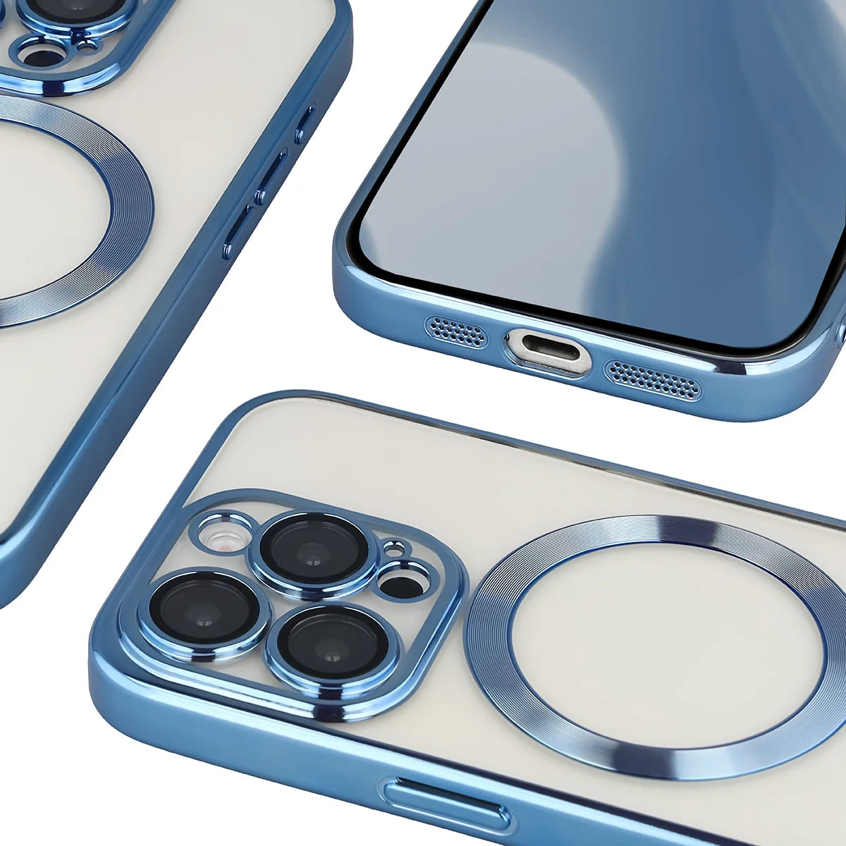 Handyhülle mit Kameraschutz und Magnetring für iPhone 15 Pro, Bizon Case GuardO, Transparent-Blau