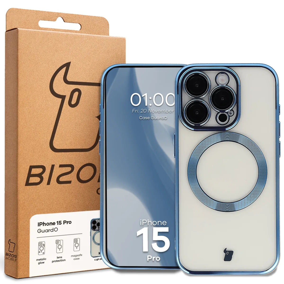 Handyhülle mit Kameraschutz und Magnetring für iPhone 15 Pro, Bizon Case GuardO, Transparent-Blau