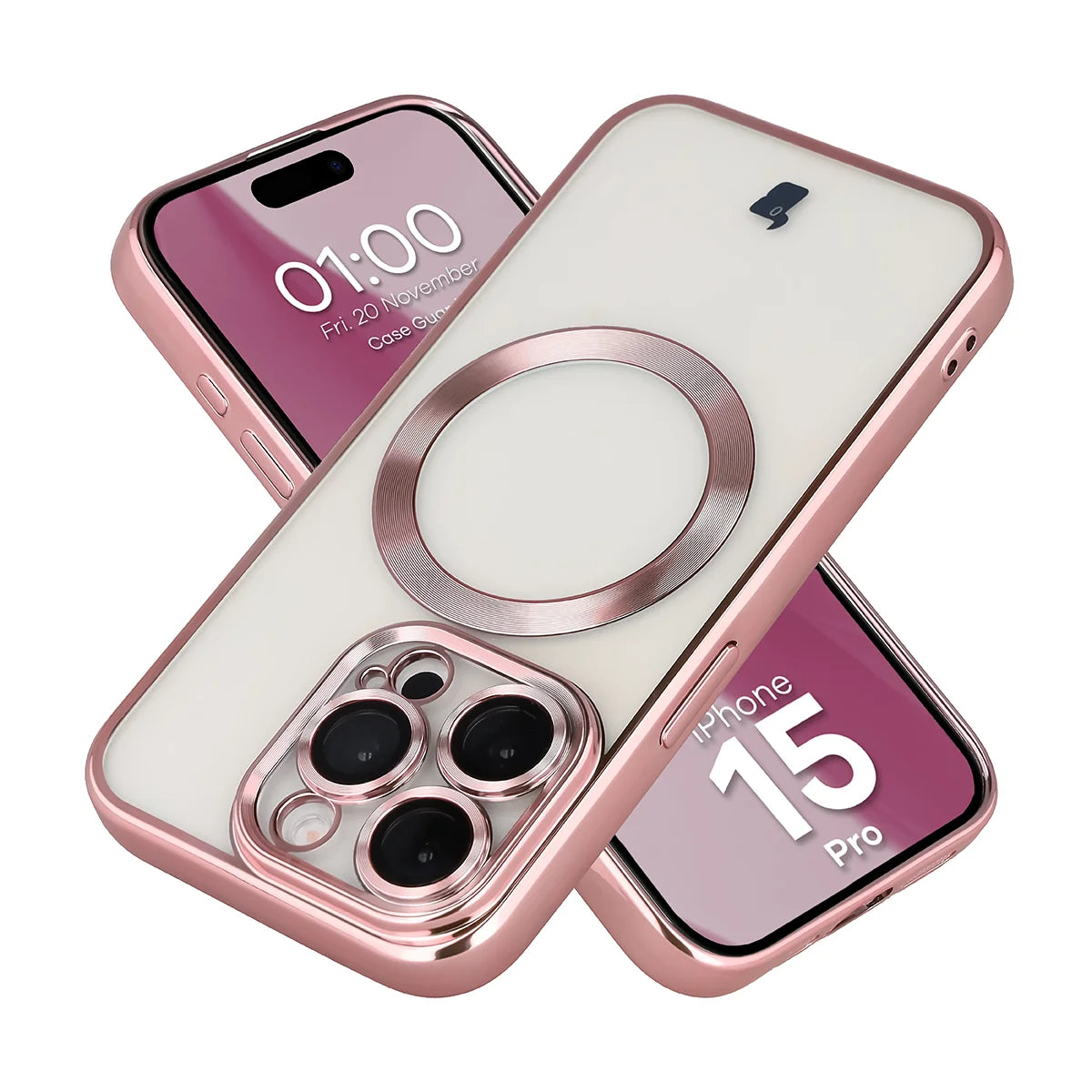 Handyhülle mit Kameraschutz und Magnetring für iPhone 15 Pro, Bizon Case GuardO, Transparent-Rosa