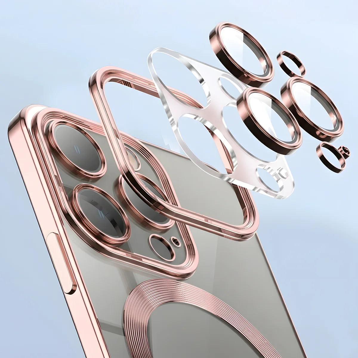 Handyhülle mit Kameraschutz und Magnetring für iPhone 15 Pro, Bizon Case GuardO, Transparent-Rosa