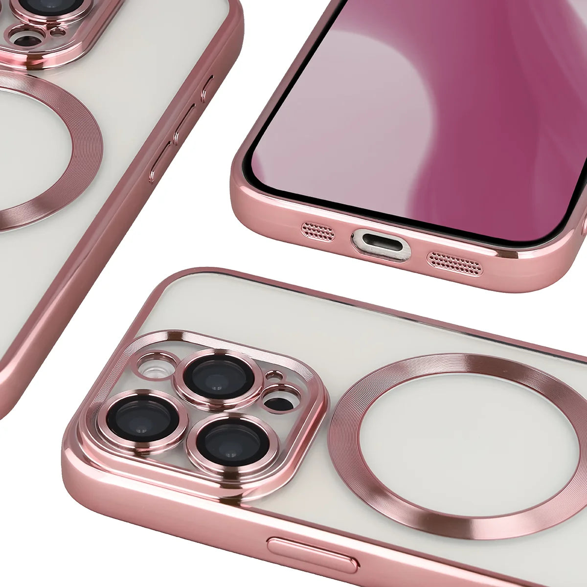 Handyhülle mit Kameraschutz und Magnetring für iPhone 15 Pro, Bizon Case GuardO, Transparent-Rosa