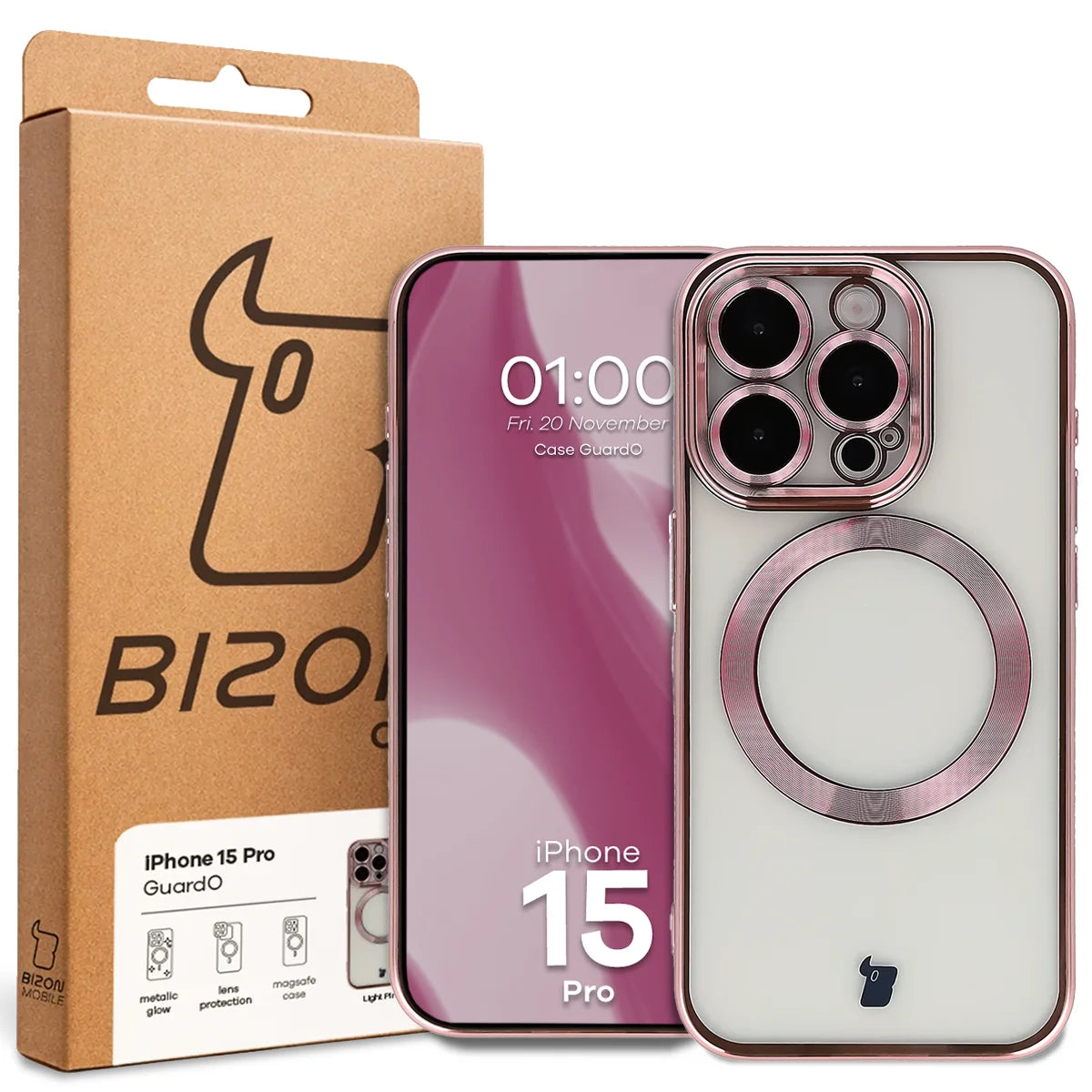 Handyhülle mit Kameraschutz und Magnetring für iPhone 15 Pro, Bizon Case GuardO, Transparent-Rosa