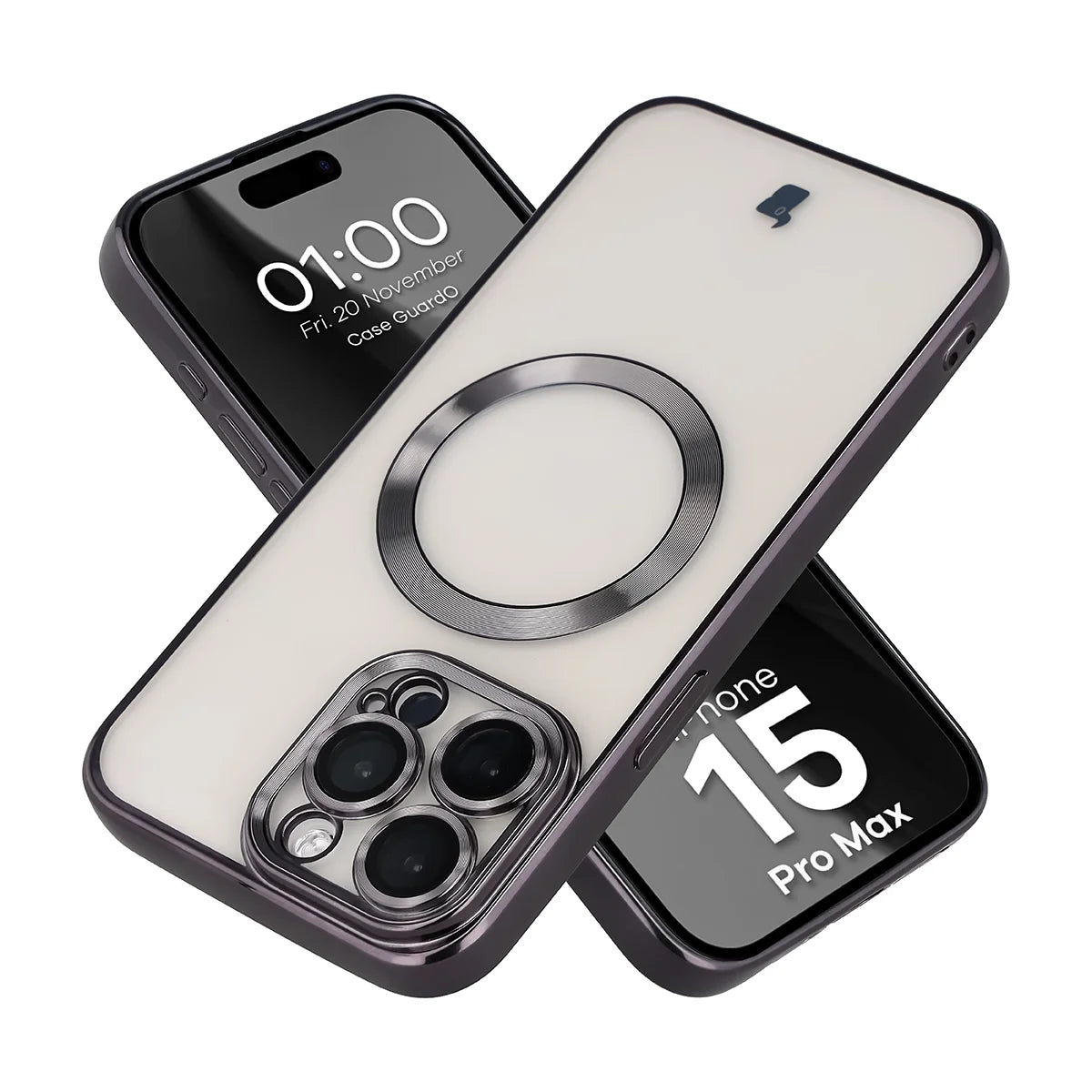Handyhülle mit Kameraschutz und Magnetring für iPhone 15 Pro Max, Bizon Case GuardO, Transparent-Schwarz