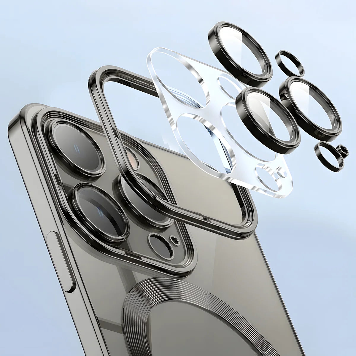 Handyhülle mit Kameraschutz und Magnetring für iPhone 15 Pro Max, Bizon Case GuardO, Transparent-Schwarz