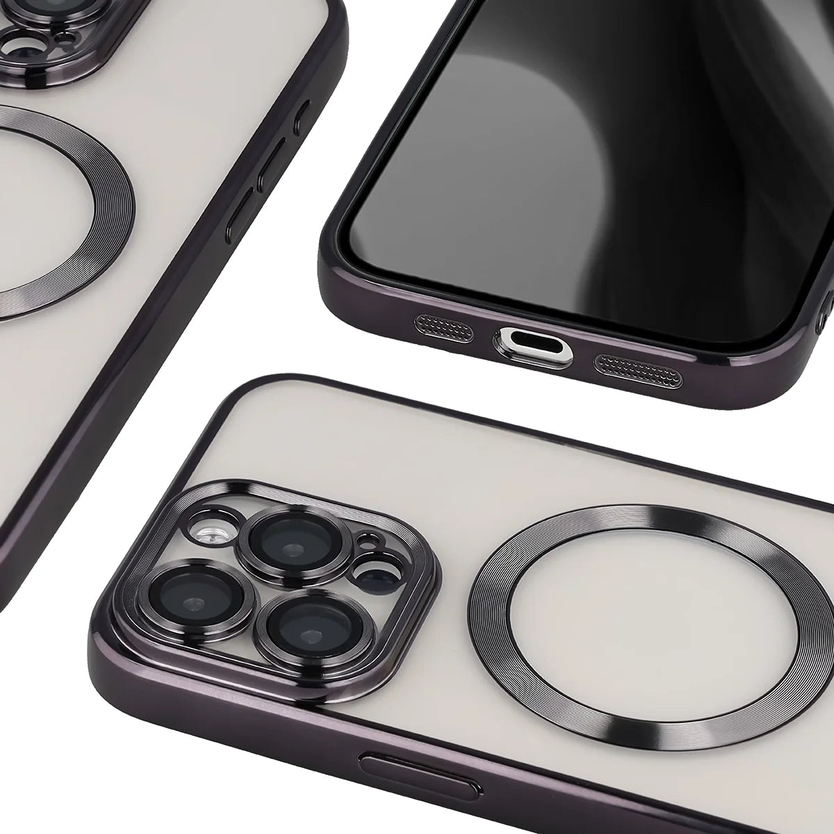 Handyhülle mit Kameraschutz und Magnetring für iPhone 15 Pro Max, Bizon Case GuardO, Transparent-Schwarz