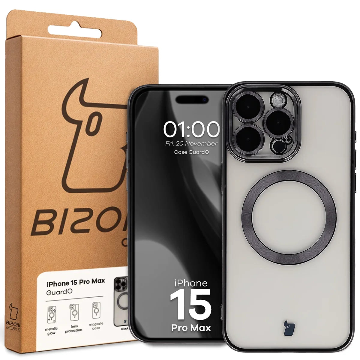 Handyhülle mit Kameraschutz und Magnetring für iPhone 15 Pro Max, Bizon Case GuardO, Transparent-Schwarz