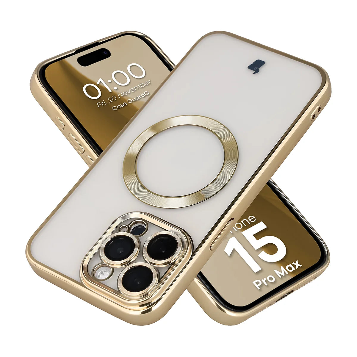 Handyhülle mit Kameraschutz und Magnetring für iPhone 15 Pro Max, Bizon Case GuardO, Transparent-Golden