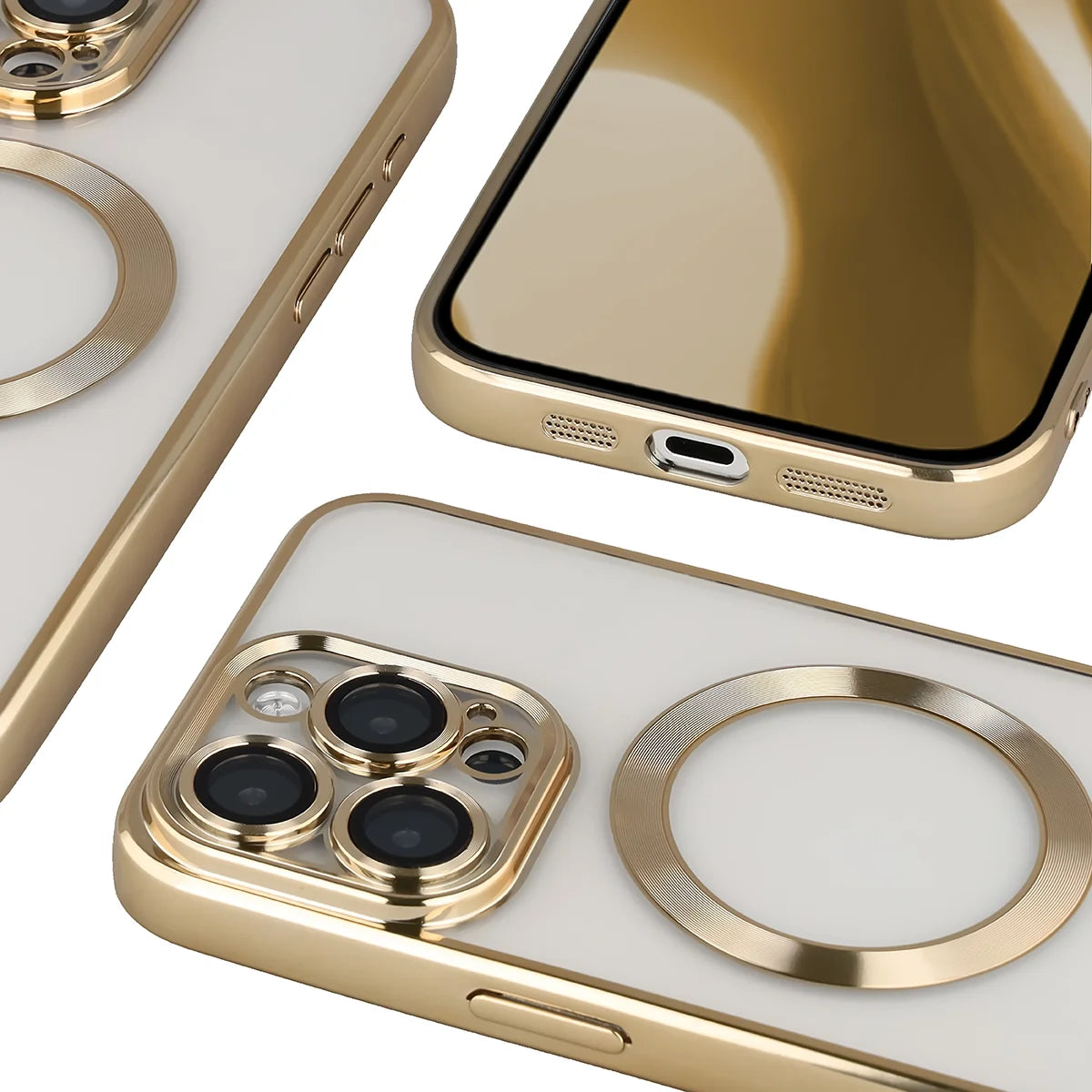 Handyhülle mit Kameraschutz und Magnetring für iPhone 15 Pro Max, Bizon Case GuardO, Transparent-Golden