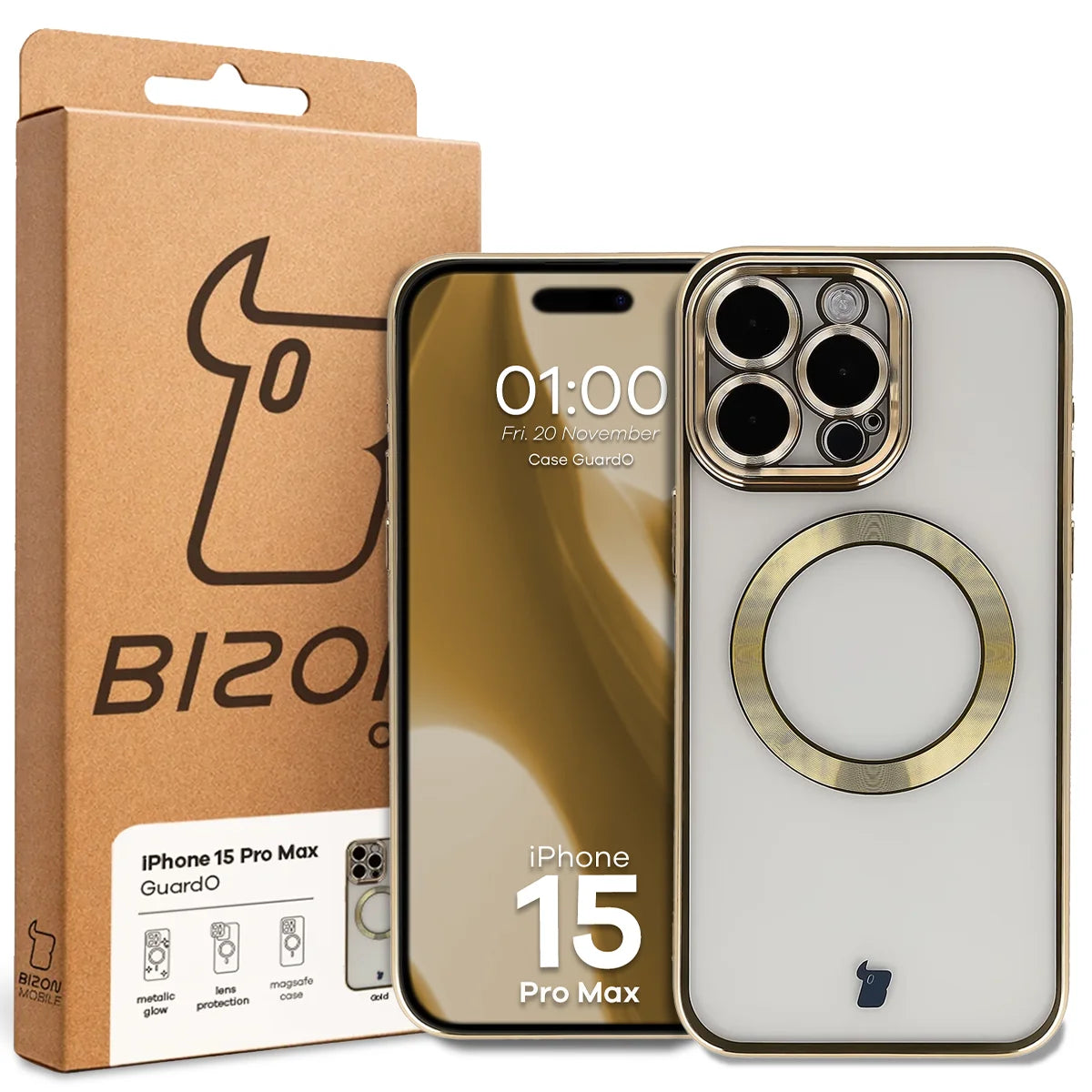 Handyhülle mit Kameraschutz und Magnetring für iPhone 15 Pro Max, Bizon Case GuardO, Transparent-Golden