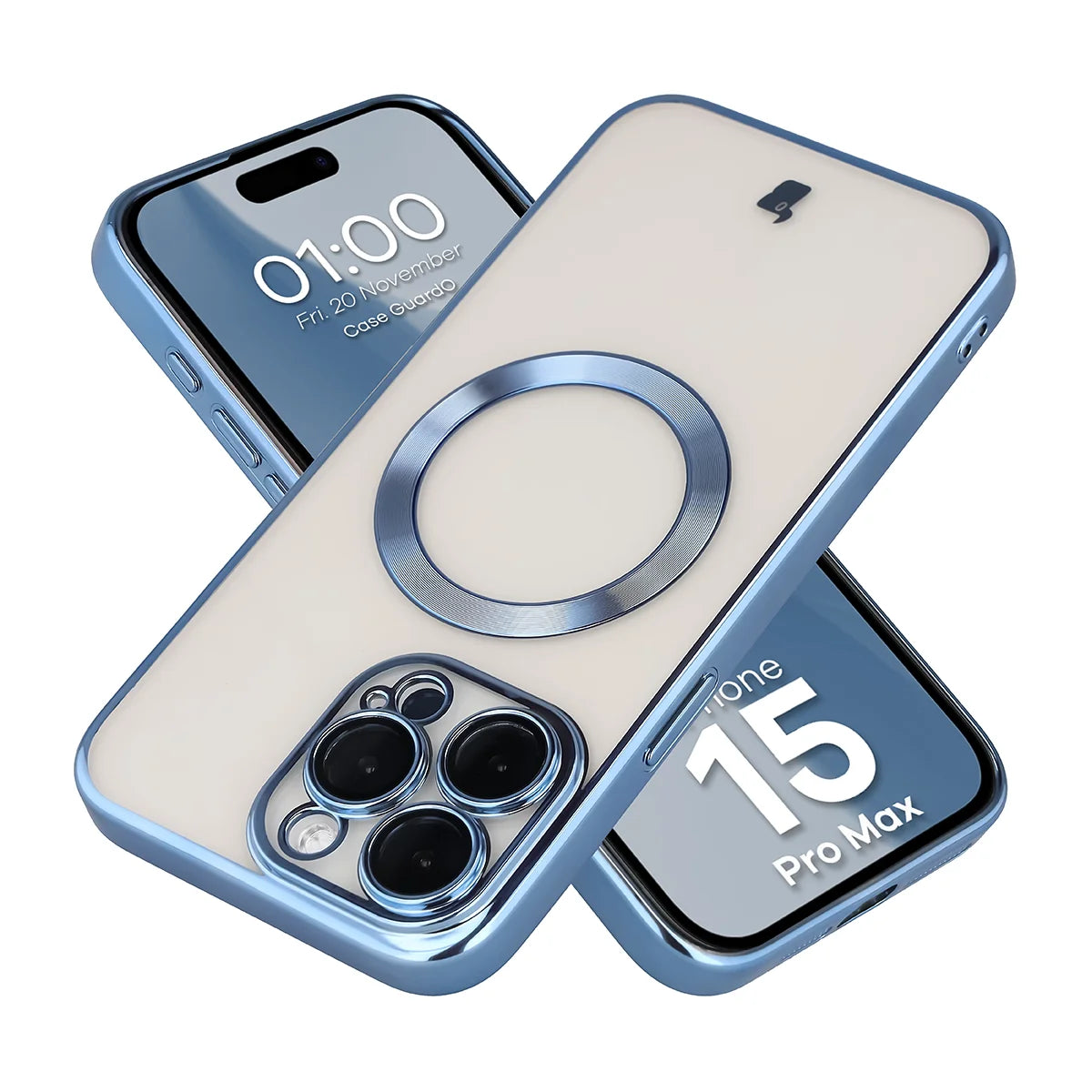 Handyhülle mit Kameraschutz und Magnetring für iPhone 15 Pro Max, Bizon Case GuardO, Transparent-Blau