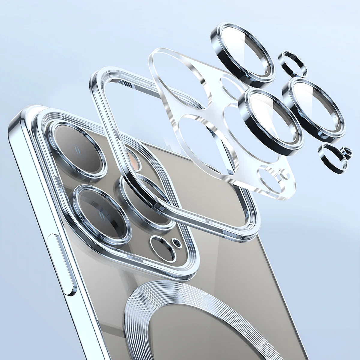 Handyhülle mit Kameraschutz und Magnetring für iPhone 15 Pro Max, Bizon Case GuardO, Transparent-Blau