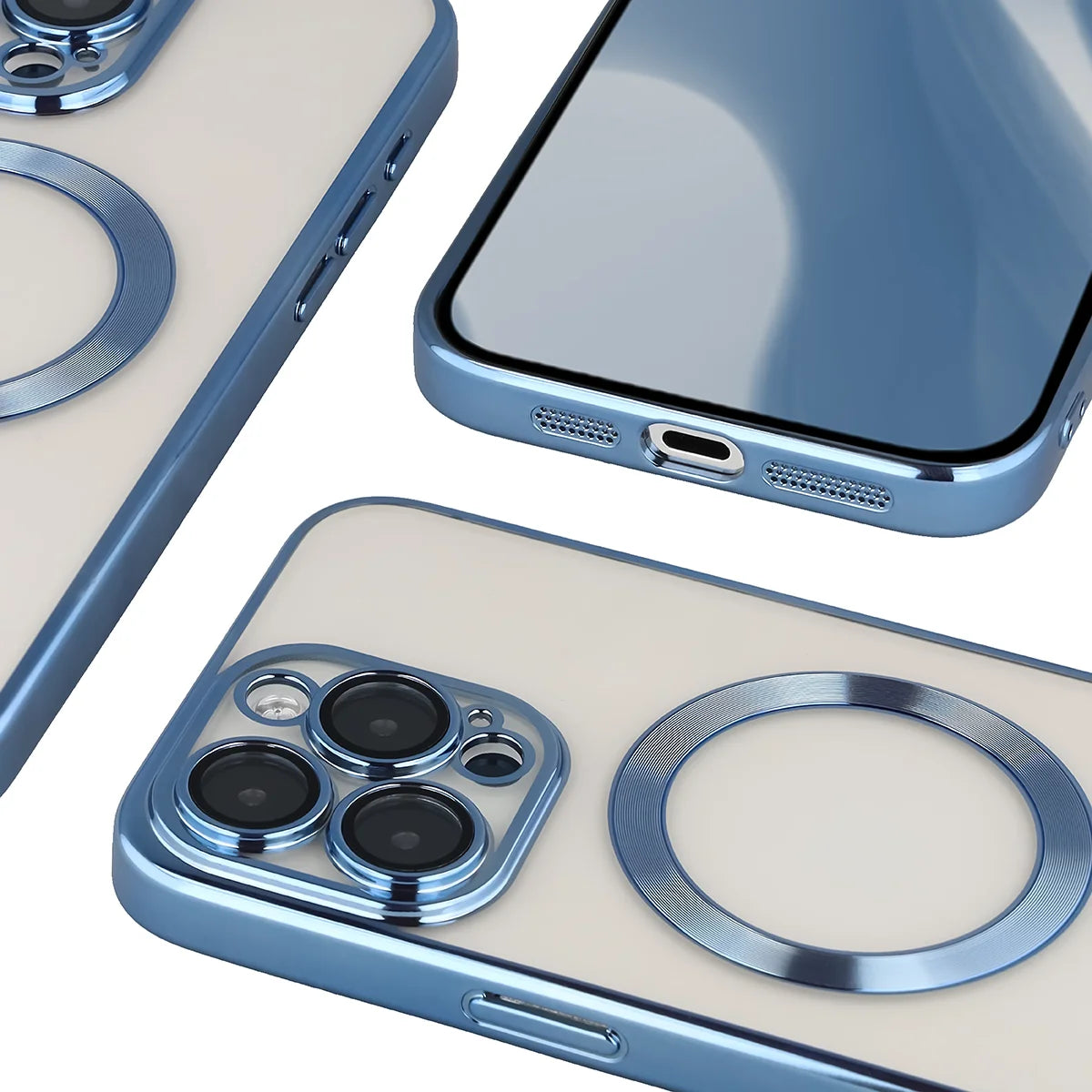 Handyhülle mit Kameraschutz und Magnetring für iPhone 15 Pro Max, Bizon Case GuardO, Transparent-Blau