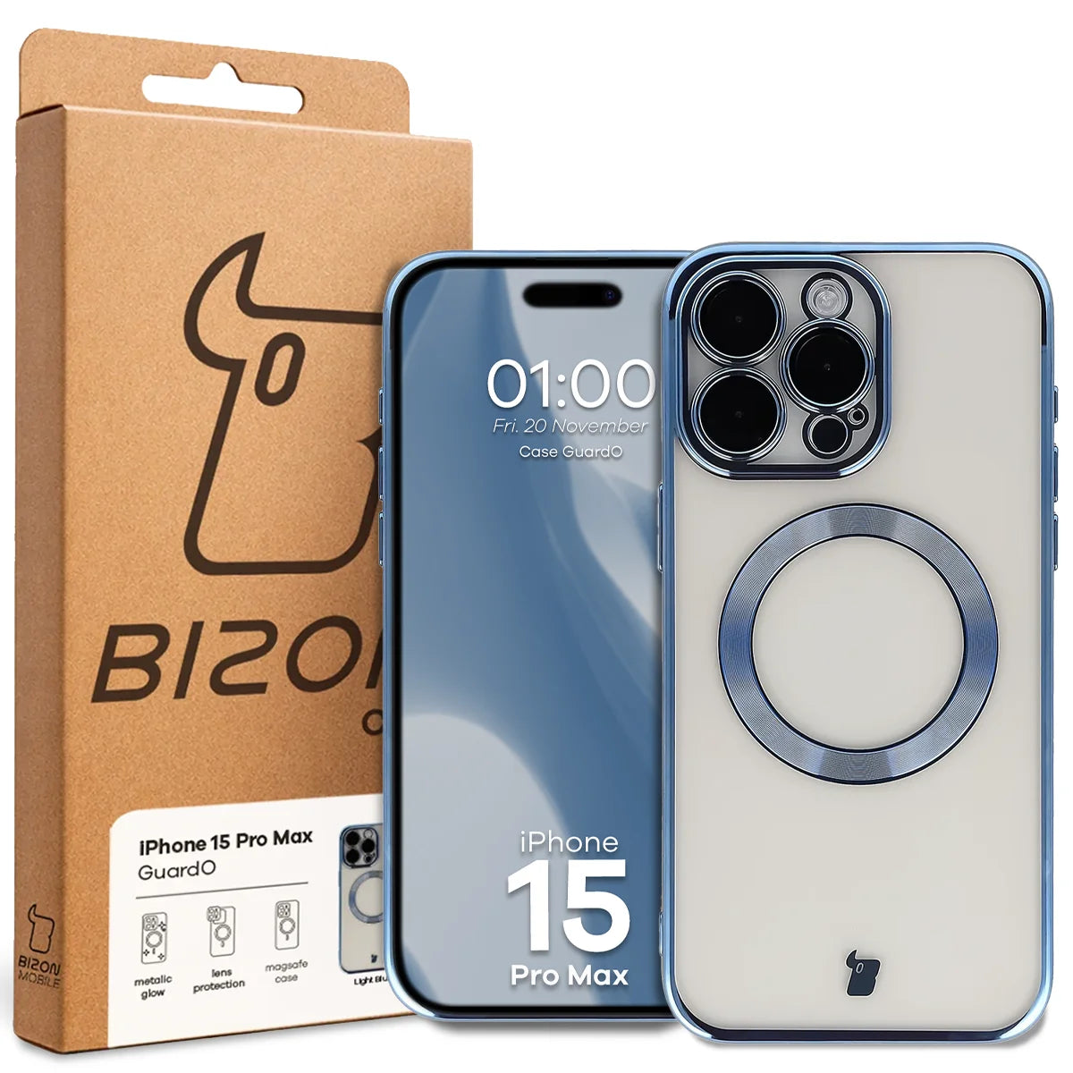 Handyhülle mit Kameraschutz und Magnetring für iPhone 15 Pro Max, Bizon Case GuardO, Transparent-Blau