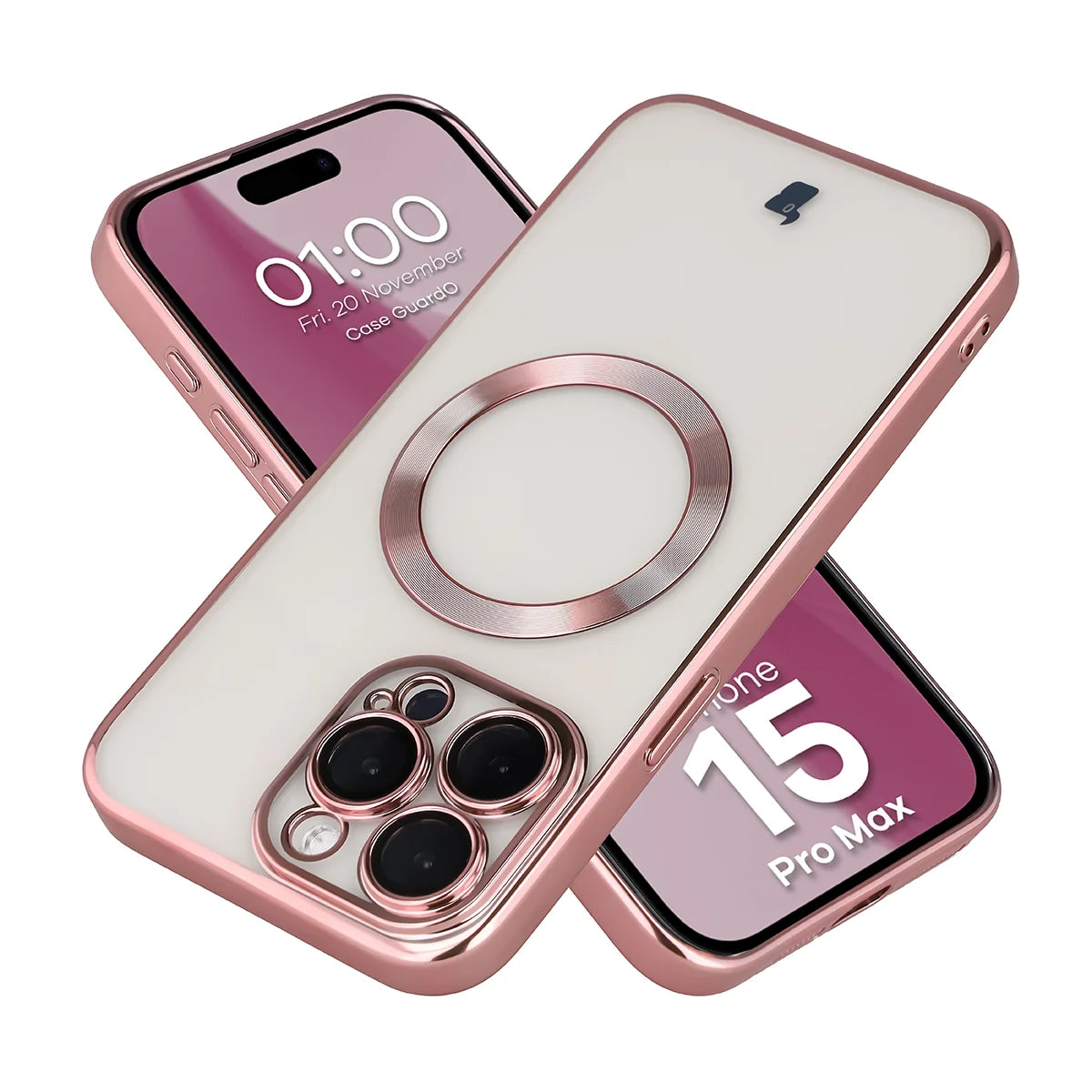 Handyhülle mit Kameraschutz und Magnetring für iPhone 15 Pro Max, Bizon Case GuardO, Transparent-Rosa