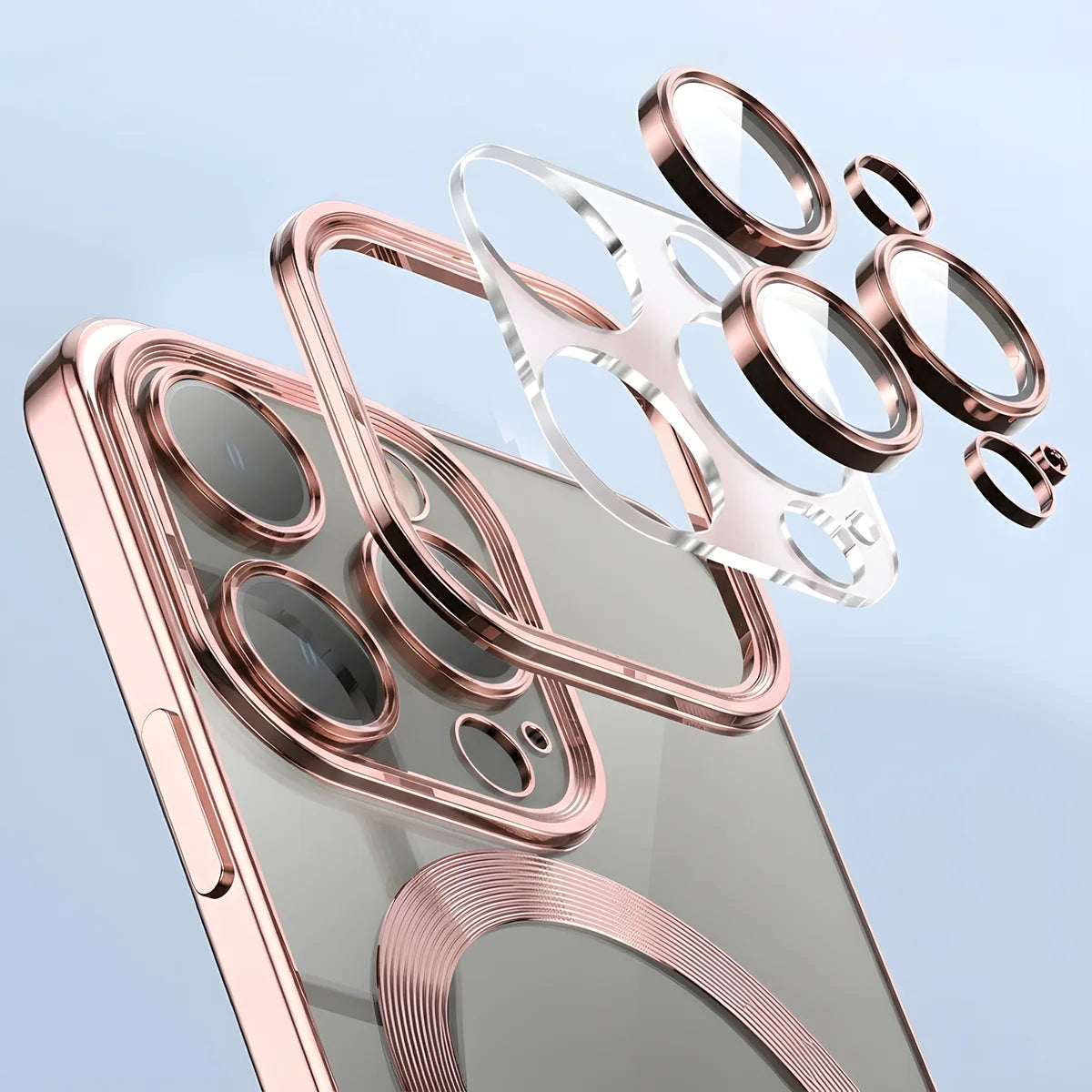 Handyhülle mit Kameraschutz und Magnetring für iPhone 15 Pro Max, Bizon Case GuardO, Transparent-Rosa