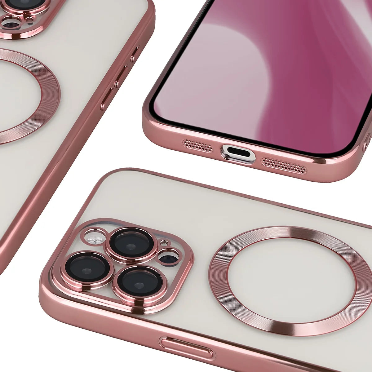 Handyhülle mit Kameraschutz und Magnetring für iPhone 15 Pro Max, Bizon Case GuardO, Transparent-Rosa