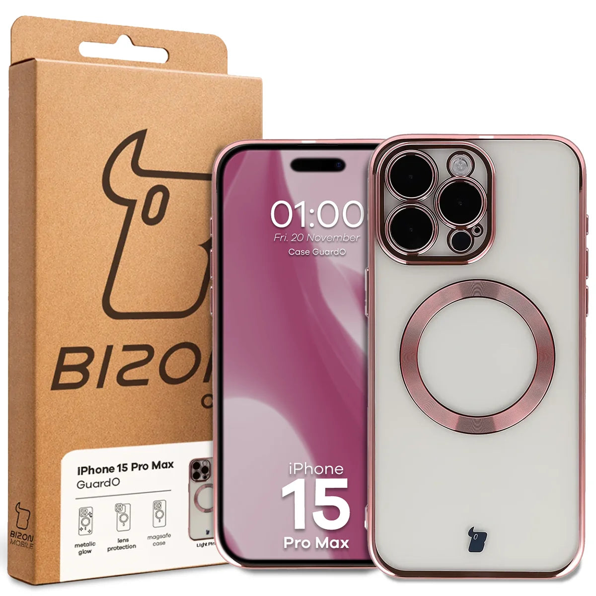 Handyhülle mit Kameraschutz und Magnetring für iPhone 15 Pro Max, Bizon Case GuardO, Transparent-Rosa