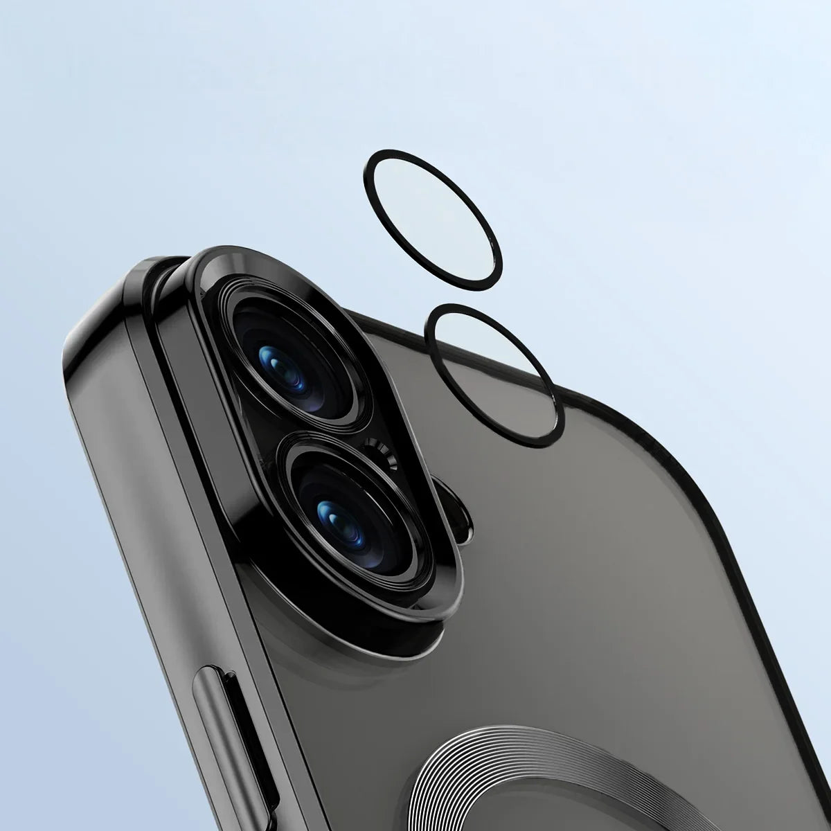 Handyhülle mit Kameraschutz und Magnetring für iPhone 16, Bizon Case GuardO, Transparent-Schwarz