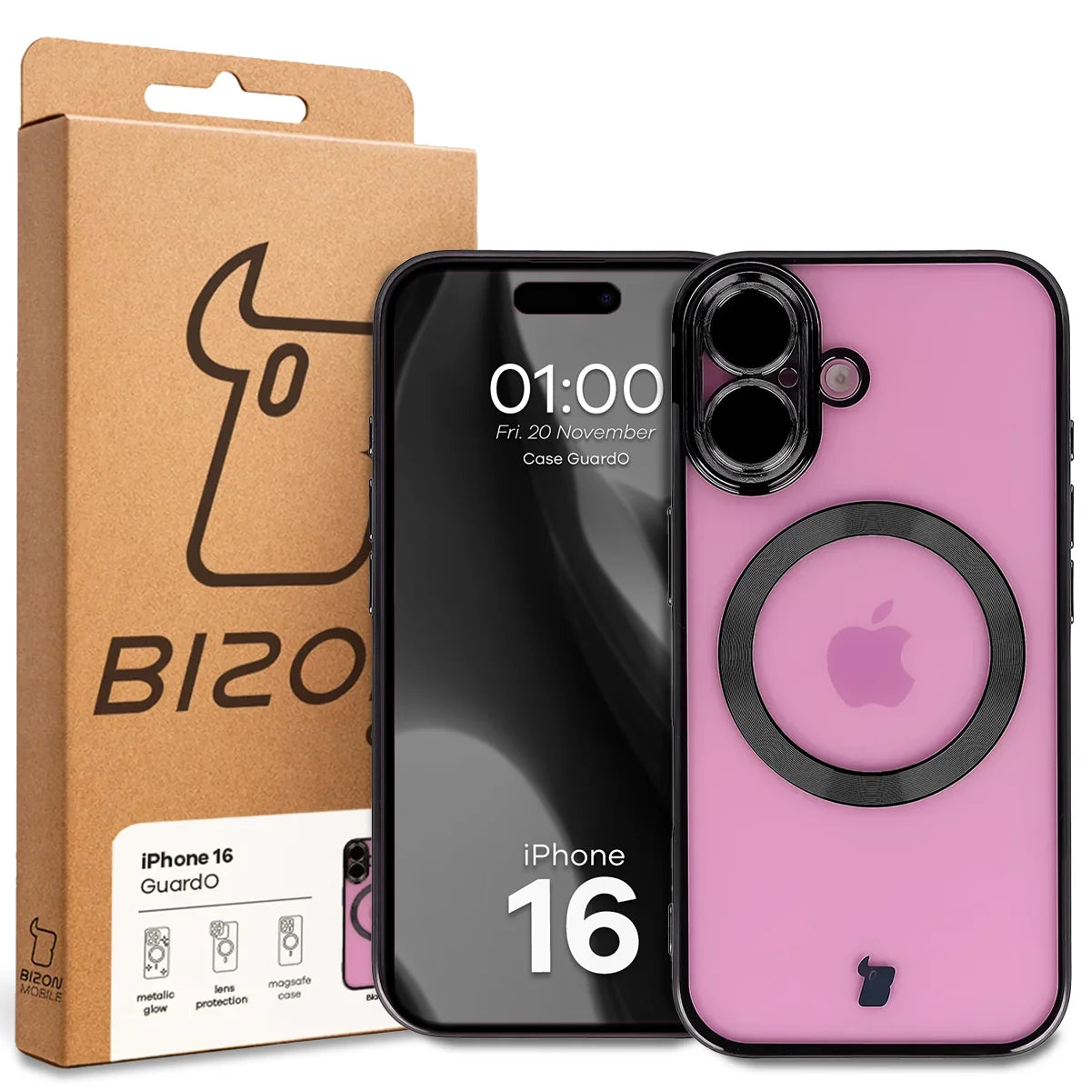 Handyhülle mit Kameraschutz und Magnetring für iPhone 16, Bizon Case GuardO, Transparent-Schwarz