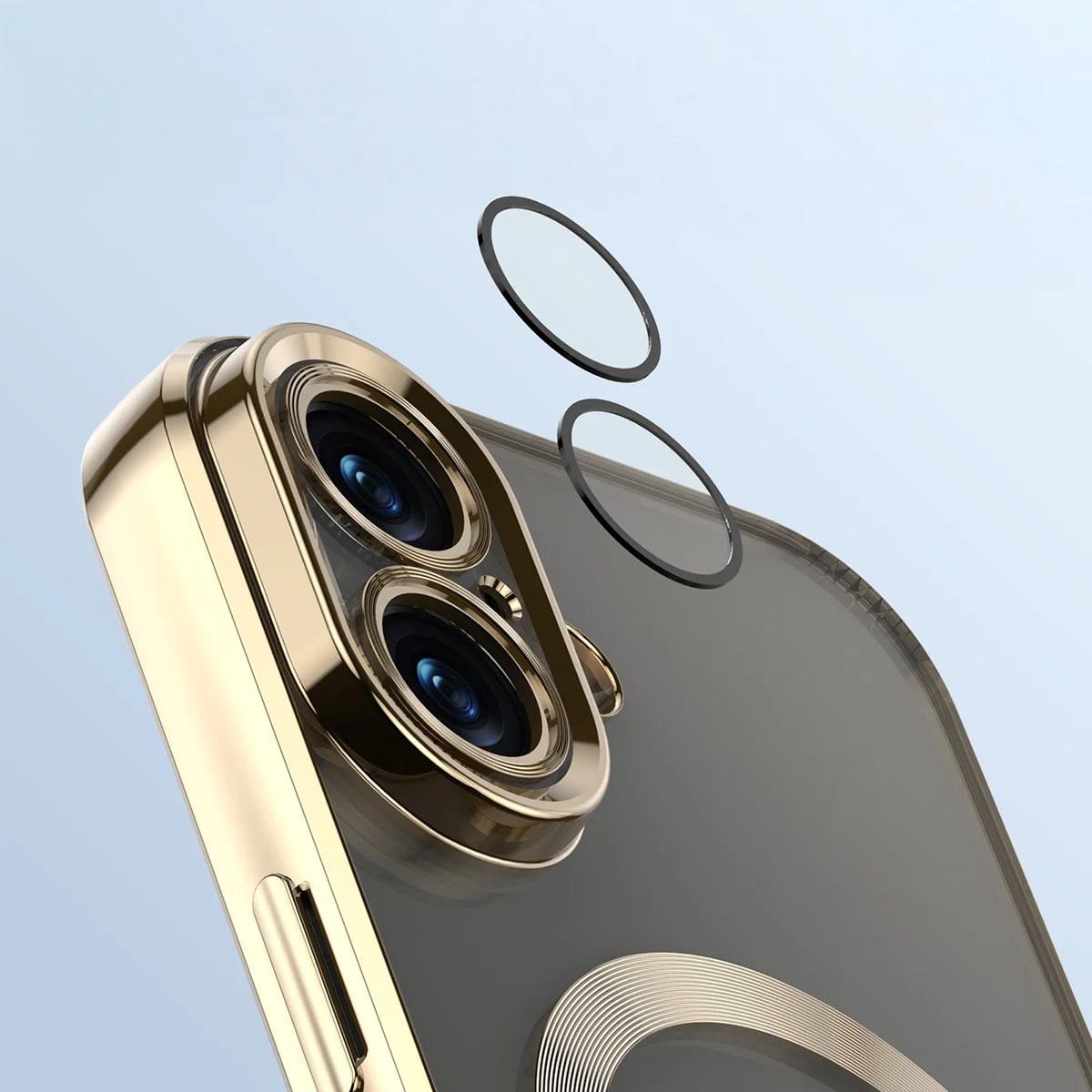 Handyhülle mit Kameraschutz und Magnetring für iPhone 16, Bizon Case GuardO, Transparent-Golden