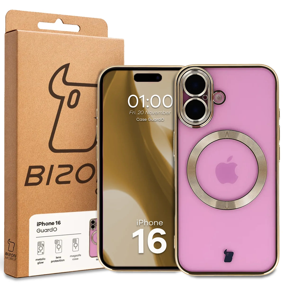 Handyhülle mit Kameraschutz und Magnetring für iPhone 16, Bizon Case GuardO, Transparent-Golden