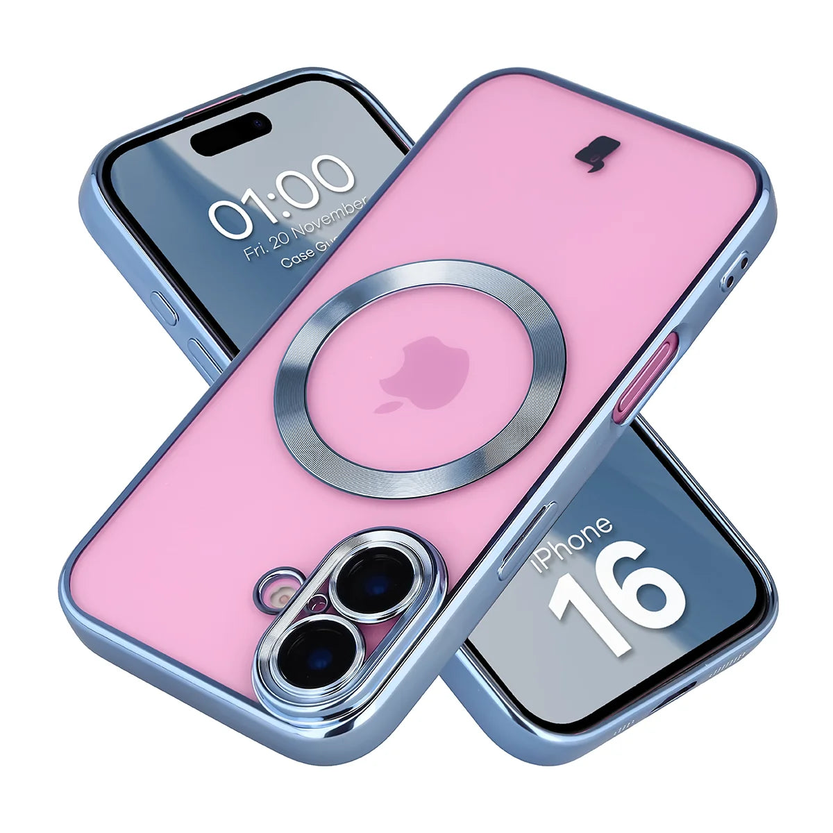 Handyhülle mit Kameraschutz und Magnetring für iPhone 16, Bizon Case GuardO, Transparent-Blau