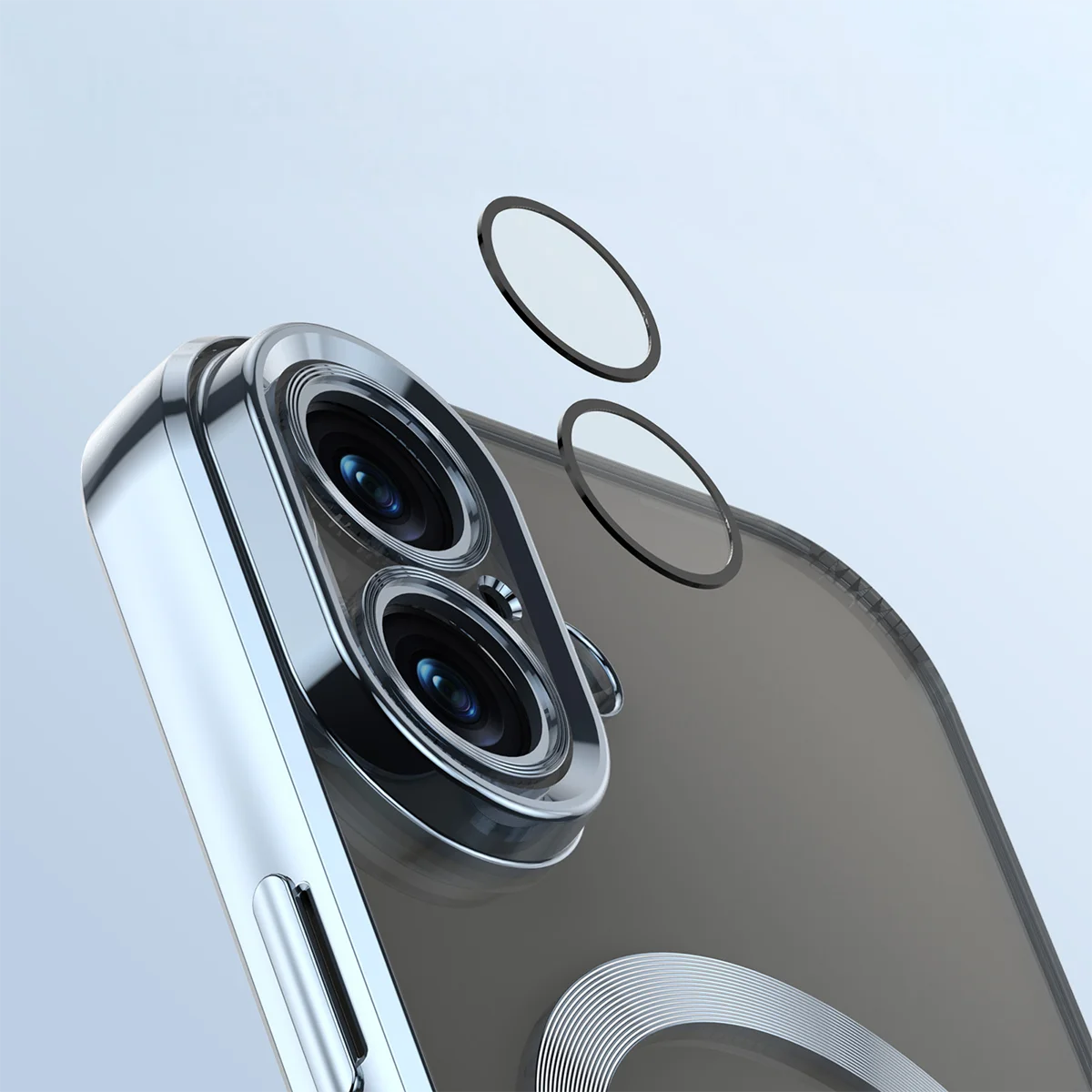Handyhülle mit Kameraschutz und Magnetring für iPhone 16, Bizon Case GuardO, Transparent-Blau