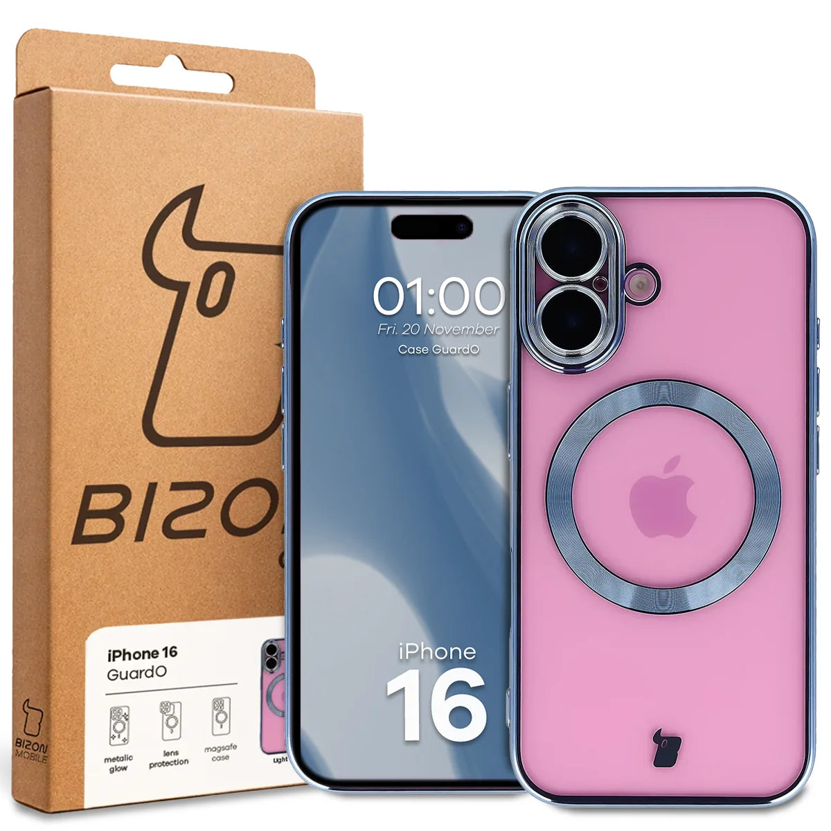 Handyhülle mit Kameraschutz und Magnetring für iPhone 16, Bizon Case GuardO, Transparent-Blau