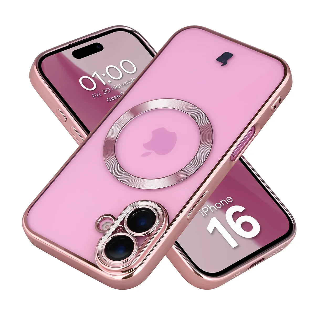 Handyhülle mit Kameraschutz und Magnetring für iPhone 16, Bizon Case GuardO, Transparent-Rosa