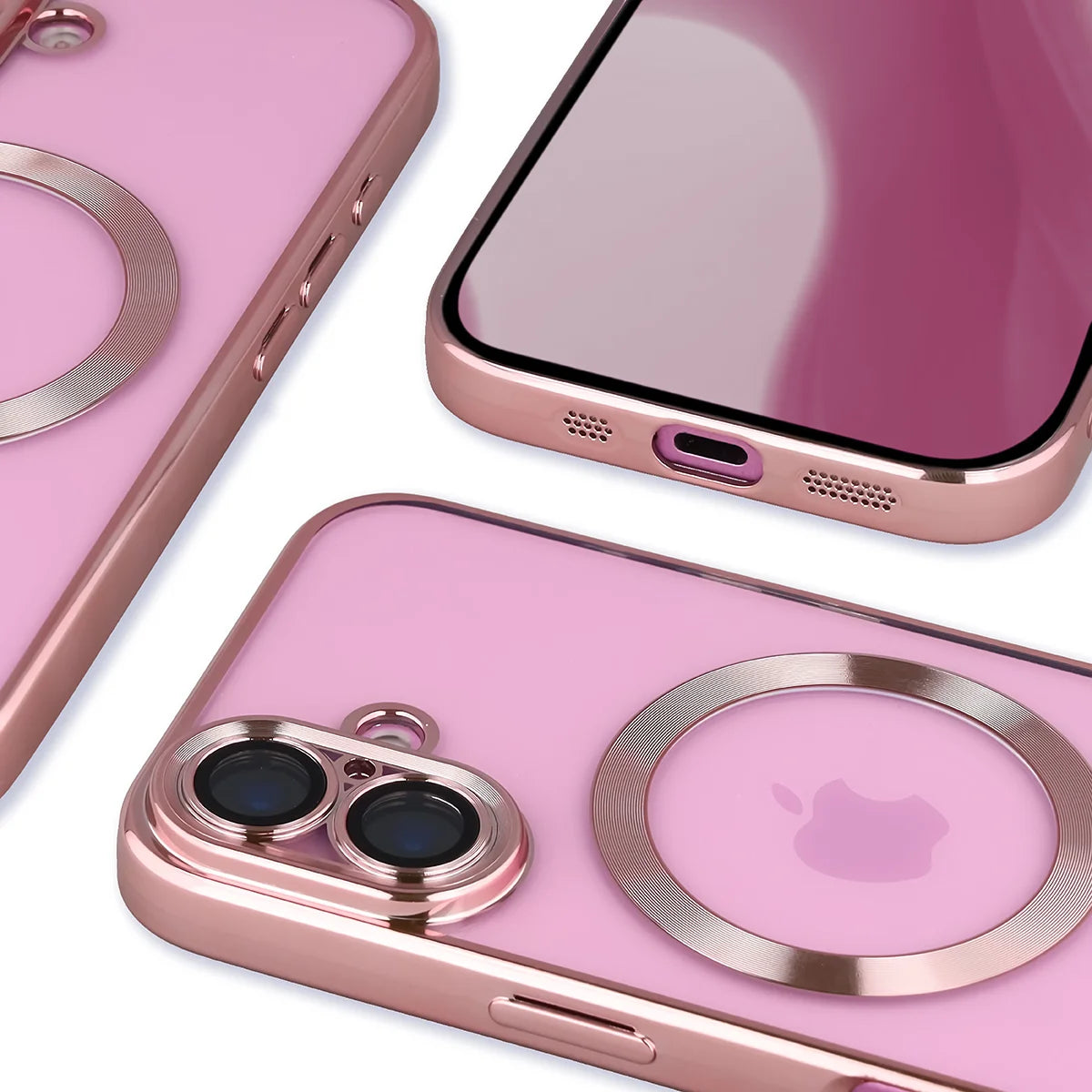 Handyhülle mit Kameraschutz und Magnetring für iPhone 16, Bizon Case GuardO, Transparent-Rosa