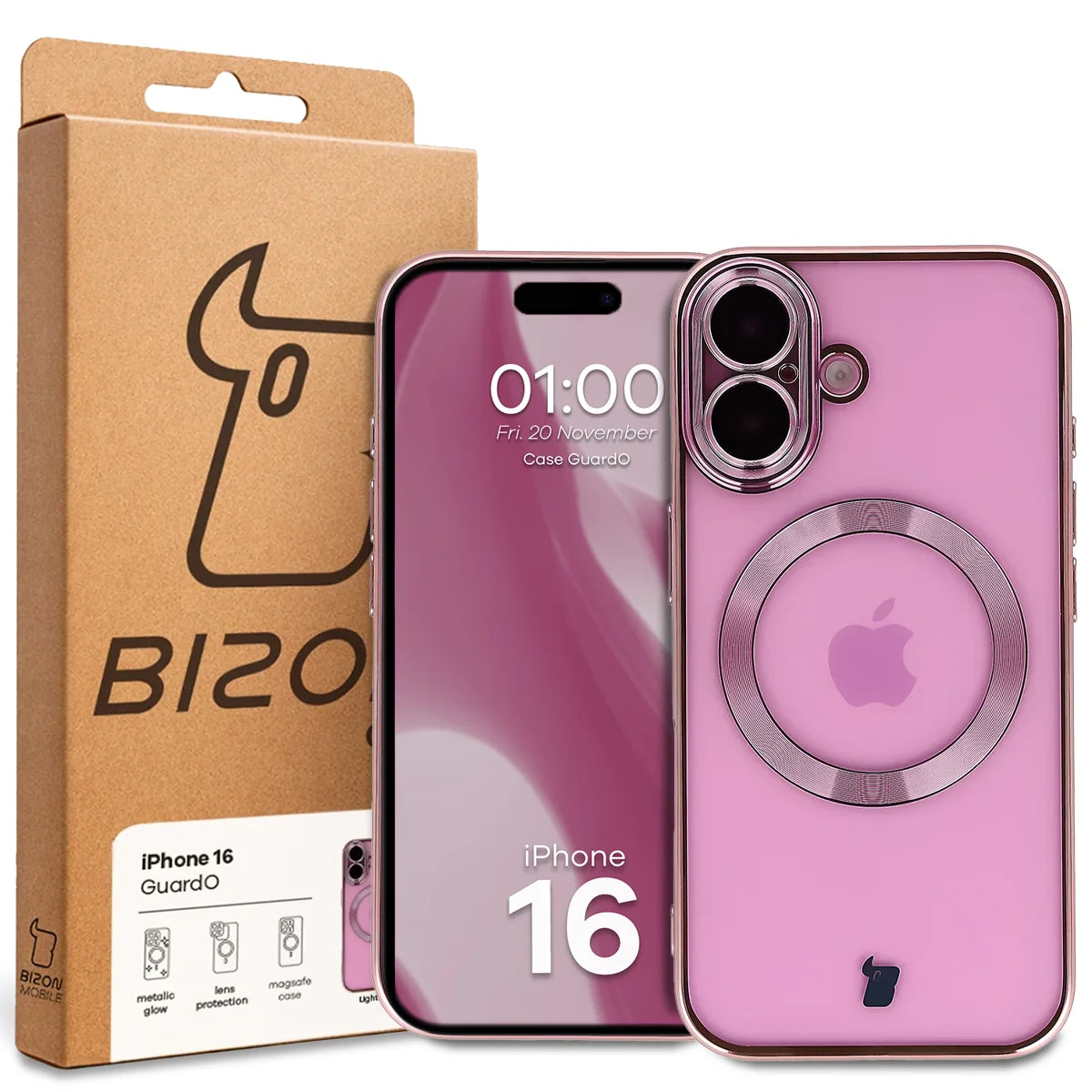 Handyhülle mit Kameraschutz und Magnetring für iPhone 16, Bizon Case GuardO, Transparent-Rosa