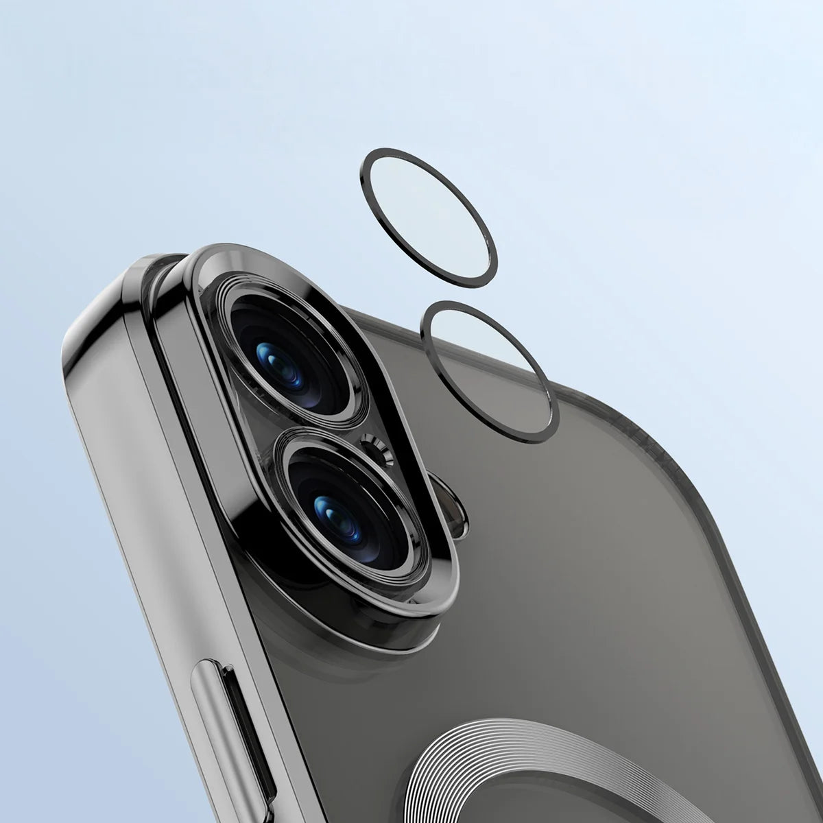 Handyhülle mit Kameraschutz und Magnetring für iPhone 16 Plus, Bizon Case GuardO, Transparent-Schwarz