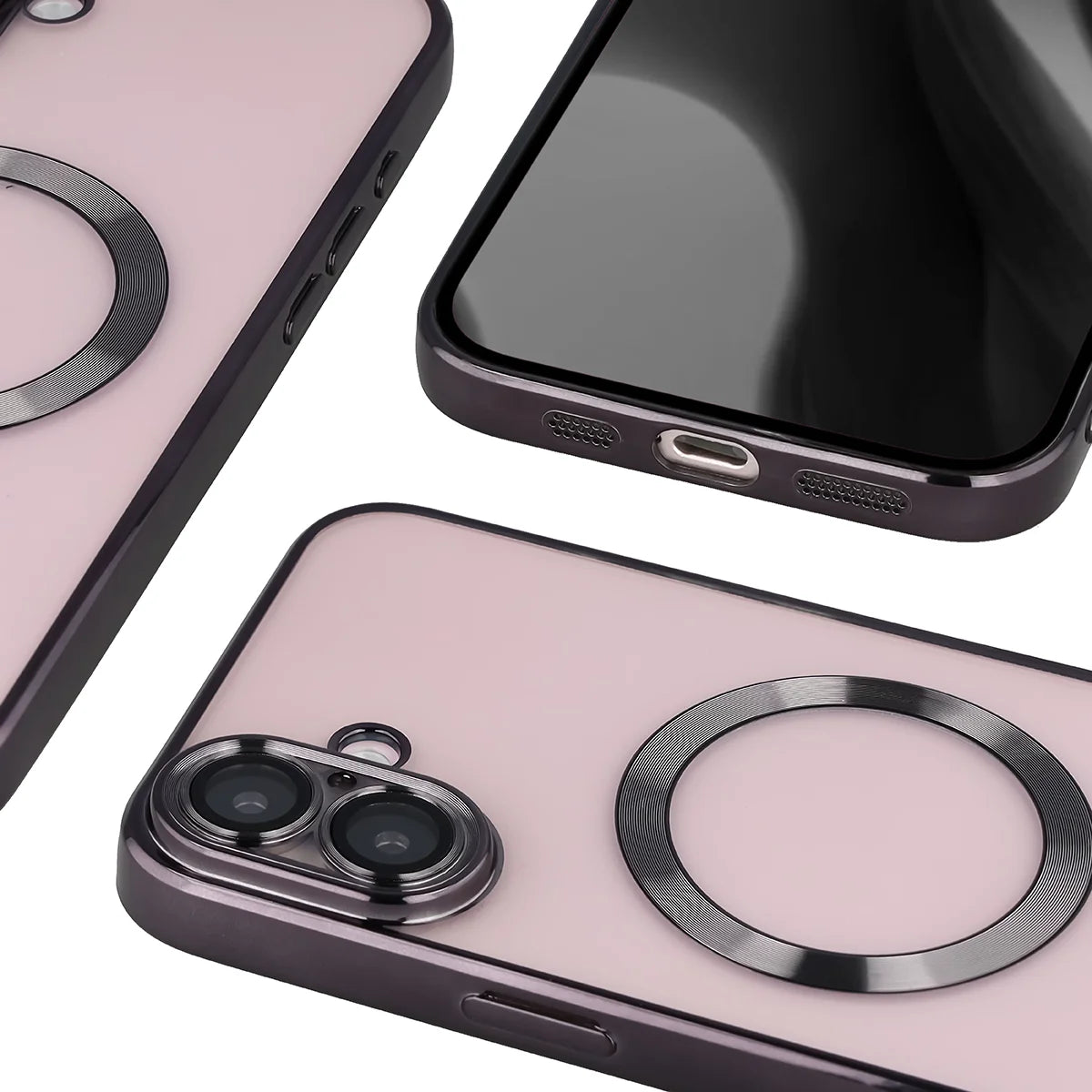 Handyhülle mit Kameraschutz und Magnetring für iPhone 16 Plus, Bizon Case GuardO, Transparent-Schwarz