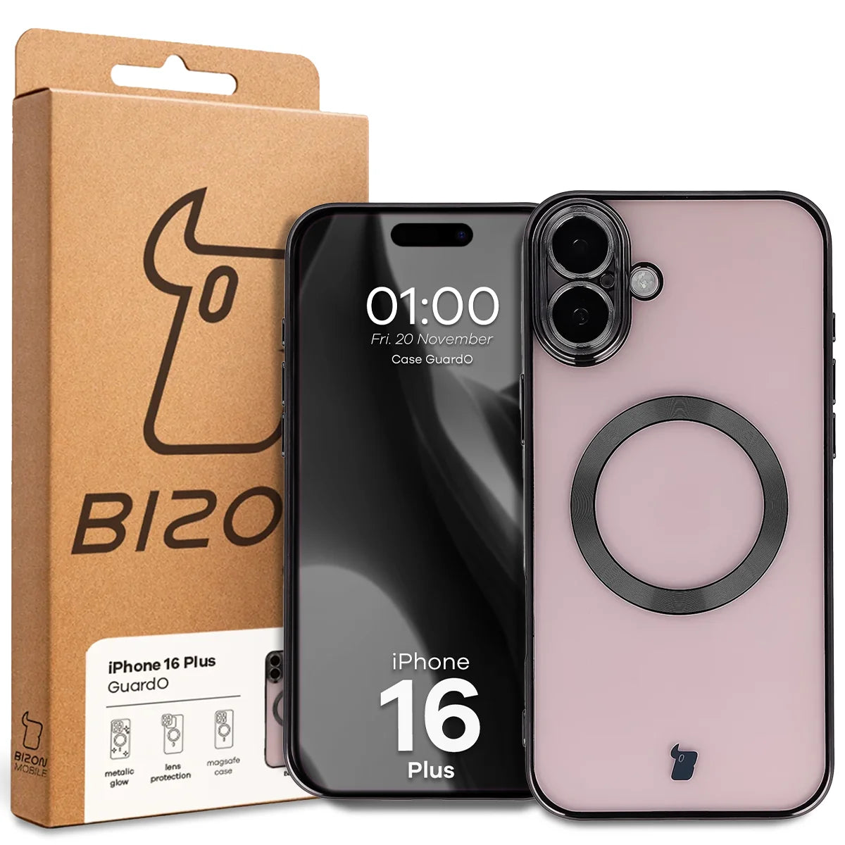 Handyhülle mit Kameraschutz und Magnetring für iPhone 16 Plus, Bizon Case GuardO, Transparent-Schwarz