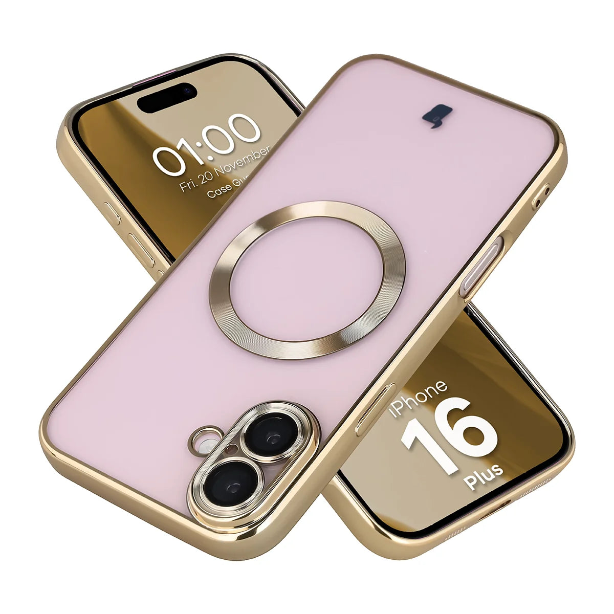 Handyhülle mit Kameraschutz und Magnetring für iPhone 16 Plus, Bizon Case GuardO, Transparent-Golden