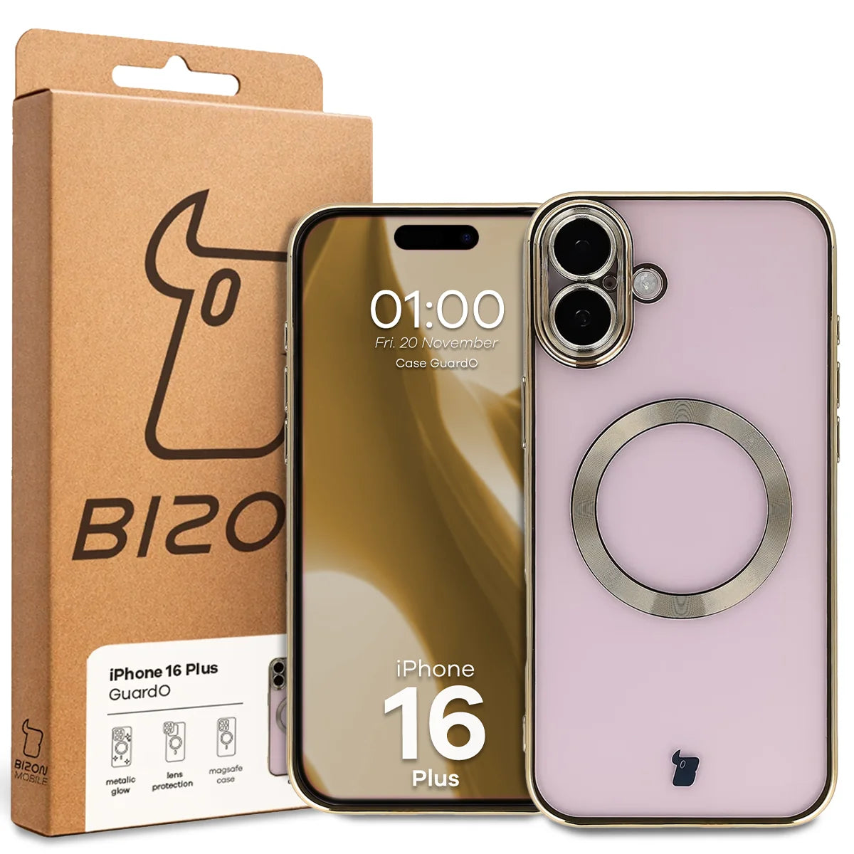 Handyhülle mit Kameraschutz und Magnetring für iPhone 16 Plus, Bizon Case GuardO, Transparent-Golden