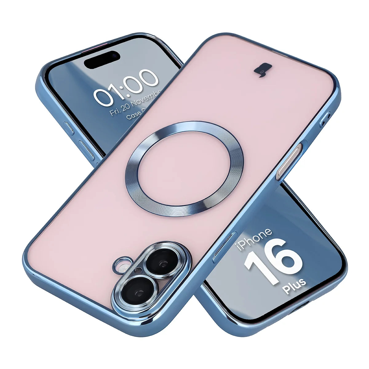 Handyhülle mit Kameraschutz und Magnetring für iPhone 16 Plus, Bizon Case GuardO, Transparent-Blau