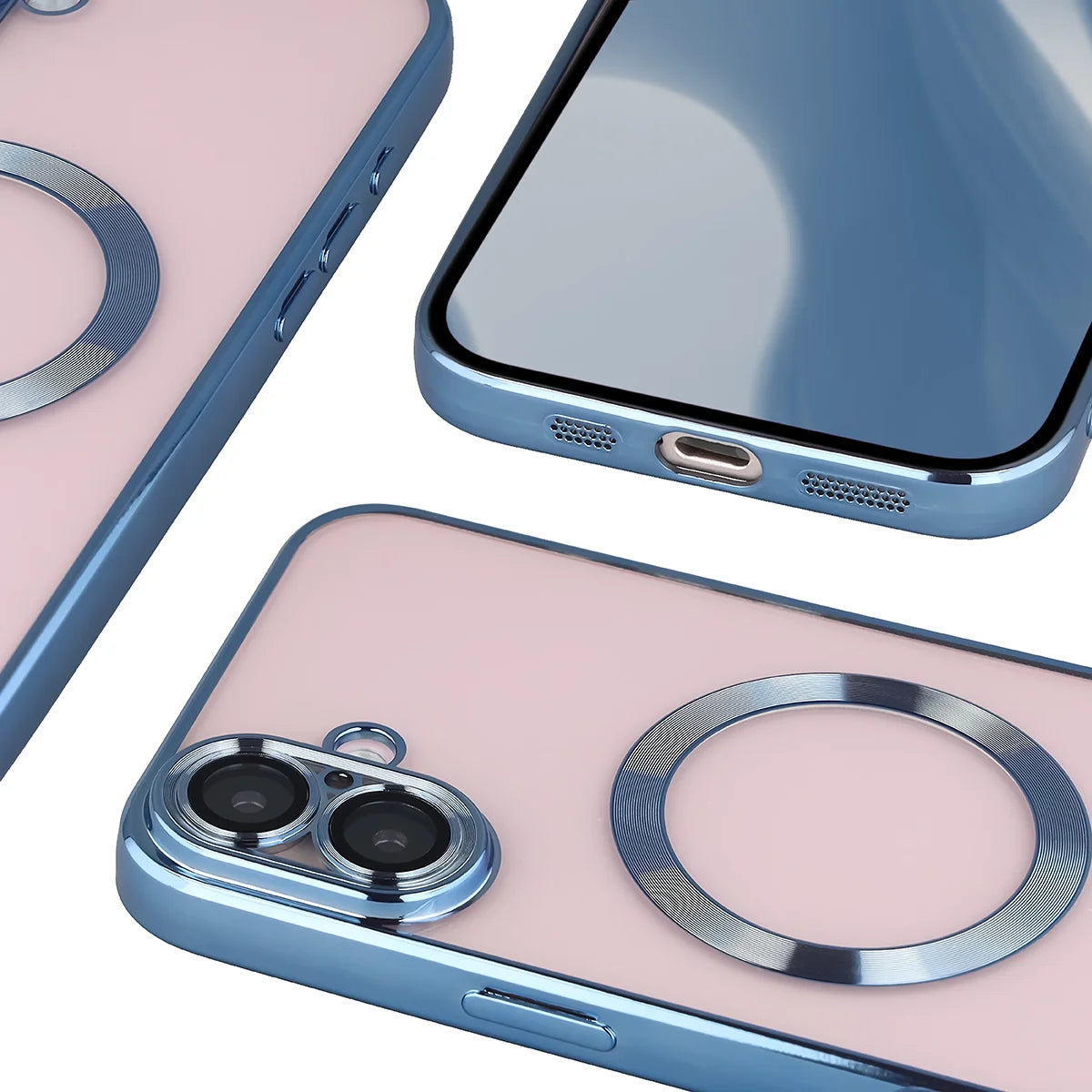 Handyhülle mit Kameraschutz und Magnetring für iPhone 16 Plus, Bizon Case GuardO, Transparent-Blau