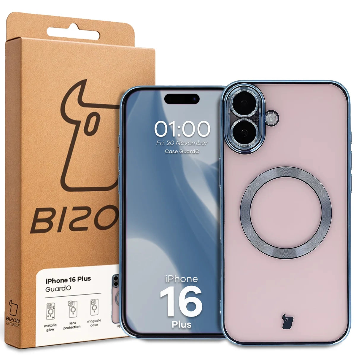Handyhülle mit Kameraschutz und Magnetring für iPhone 16 Plus, Bizon Case GuardO, Transparent-Blau