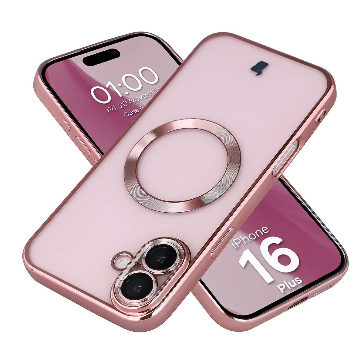 Handyhülle mit Kameraschutz und Magnetring für iPhone 16 Plus, Bizon Case GuardO, Transparent-Rosa
