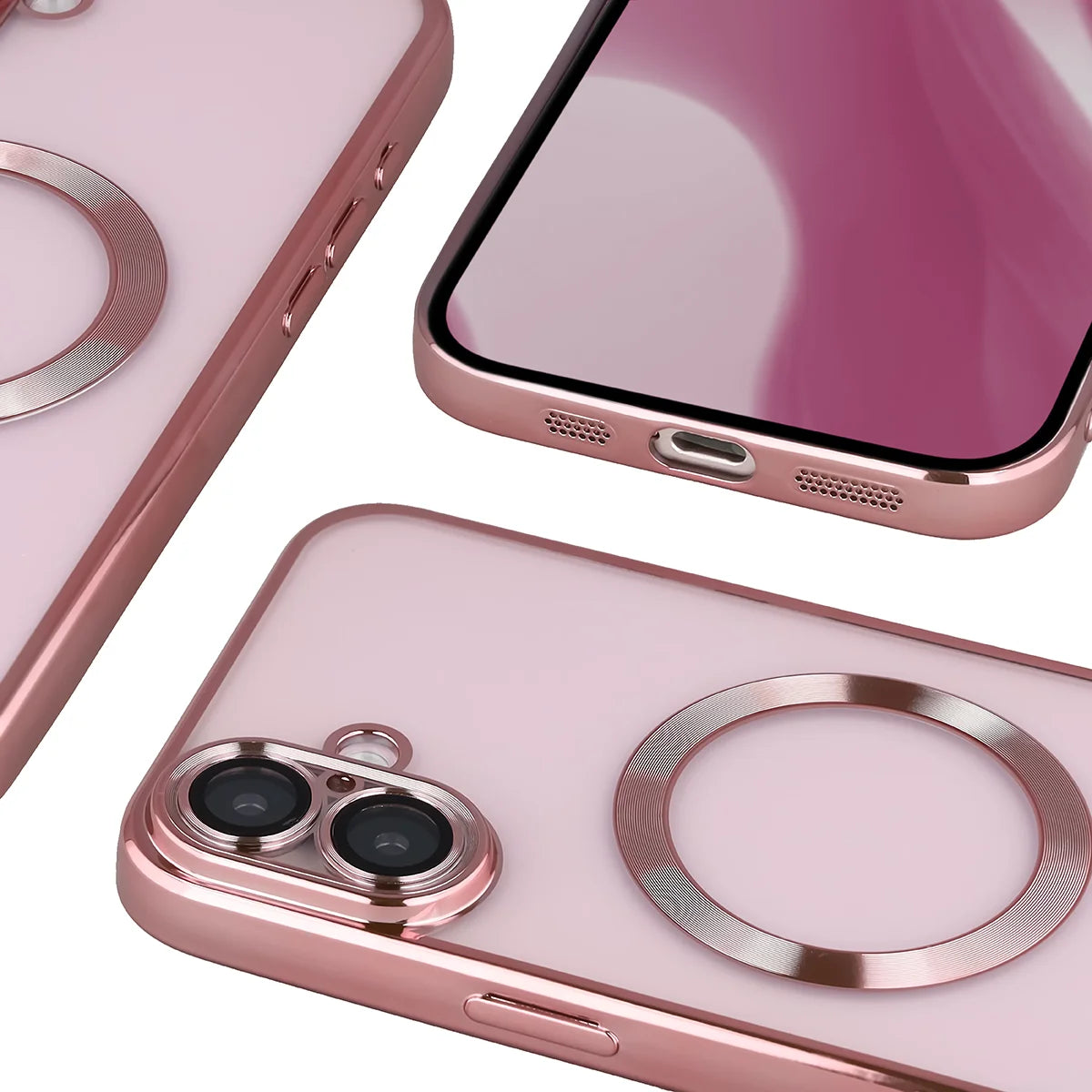 Handyhülle mit Kameraschutz und Magnetring für iPhone 16 Plus, Bizon Case GuardO, Transparent-Rosa