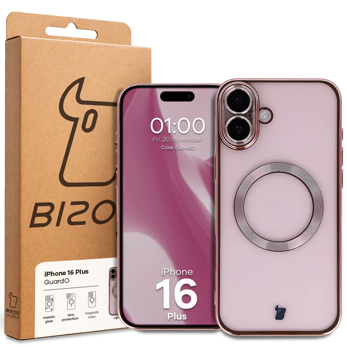 Handyhülle mit Kameraschutz und Magnetring für iPhone 16 Plus, Bizon Case GuardO, Transparent-Rosa