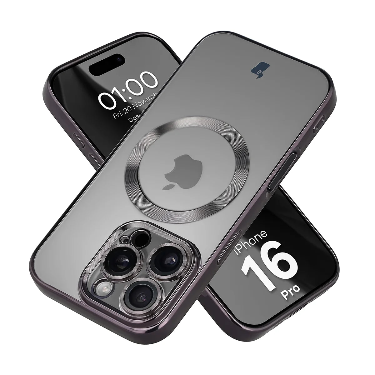 Handyhülle mit Kameraschutz und Magnetring für iPhone 16 Pro, Bizon Case GuardO, Transparent-Schwarz
