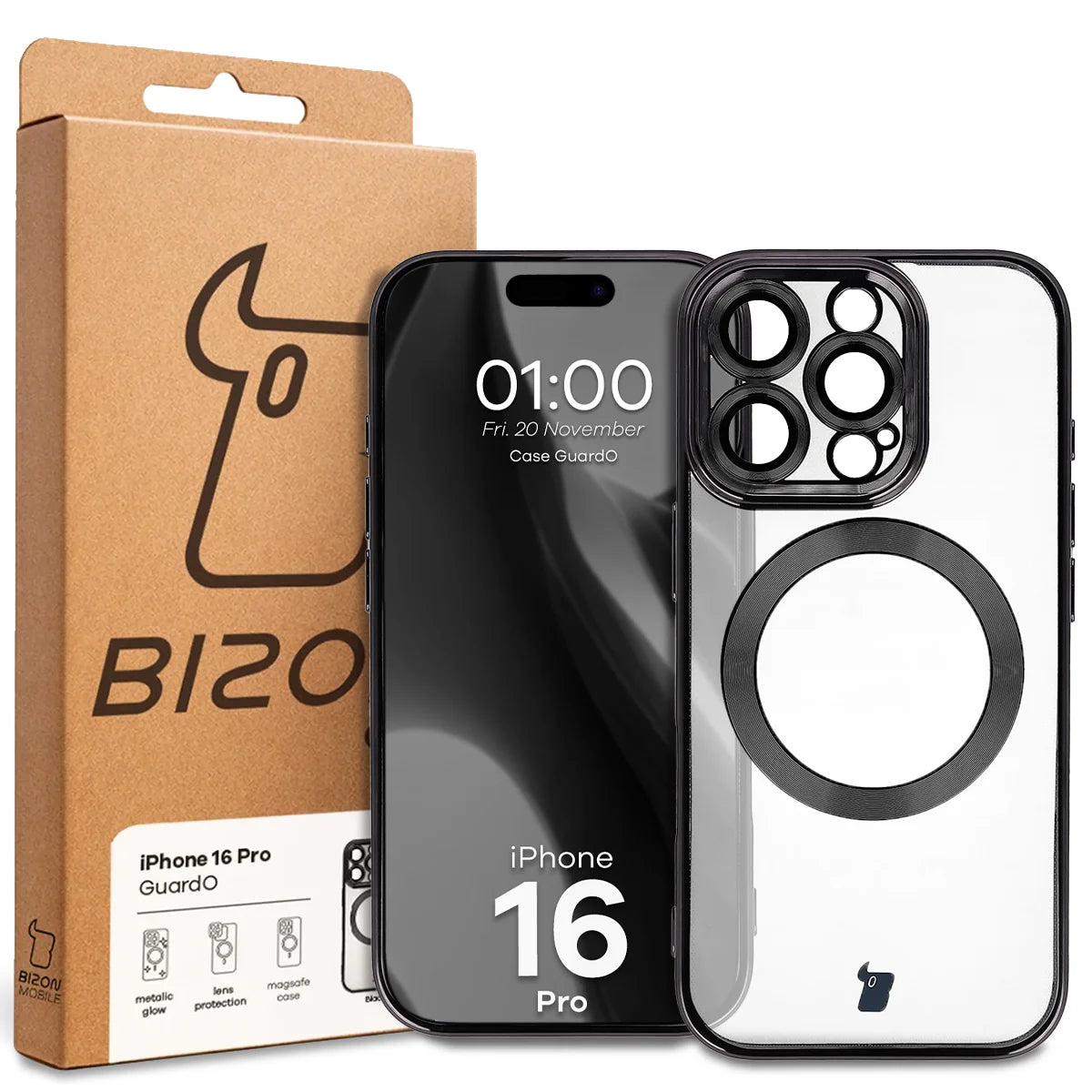Handyhülle mit Kameraschutz und Magnetring für iPhone 16 Pro, Bizon Case GuardO, Transparent-Schwarz