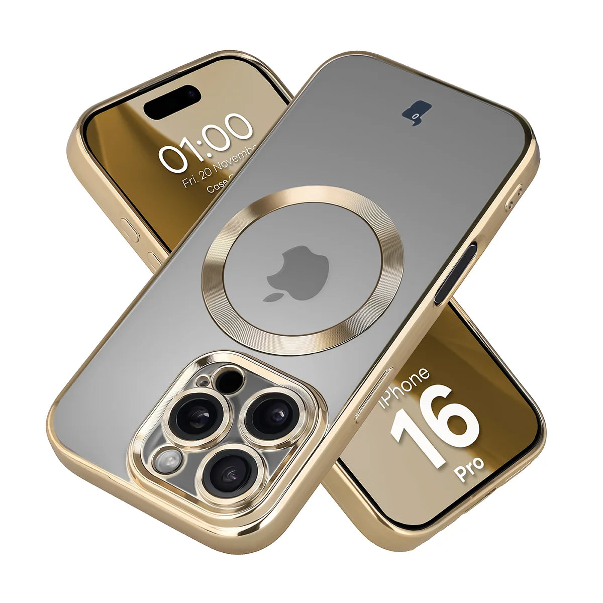 Handyhülle mit Kameraschutz und Magnetring für iPhone 16 Pro, Bizon Case GuardO, Transparent-Golden