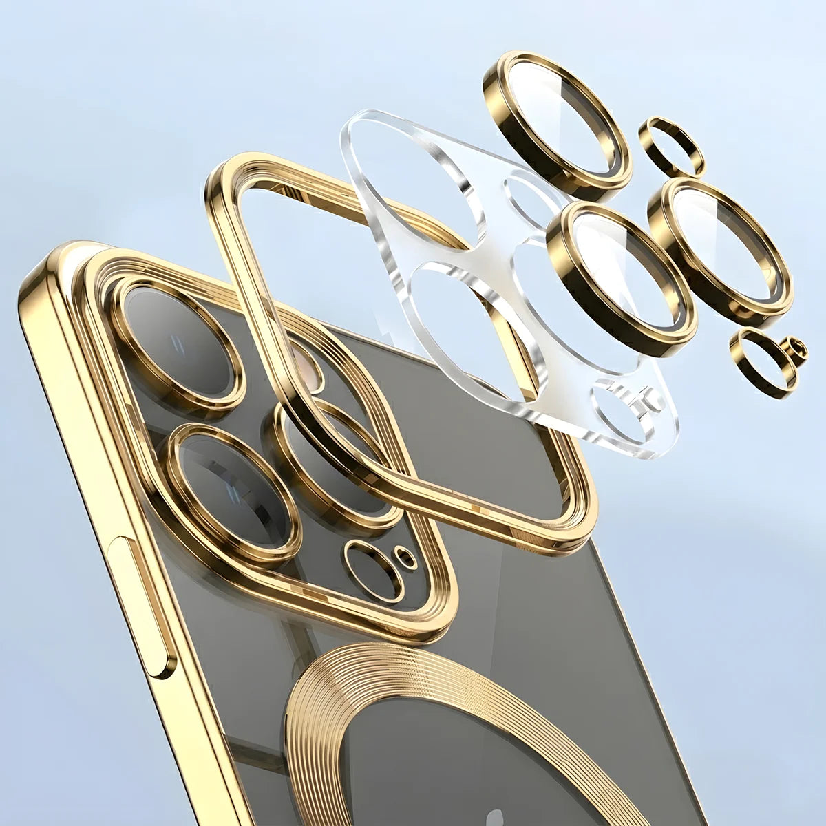 Handyhülle mit Kameraschutz und Magnetring für iPhone 16 Pro, Bizon Case GuardO, Transparent-Golden