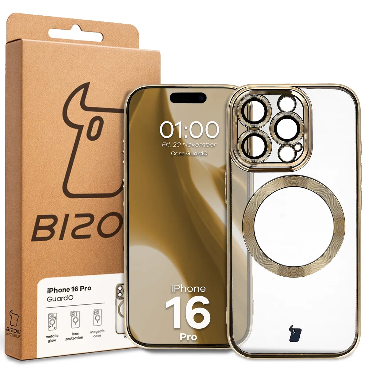 Handyhülle mit Kameraschutz und Magnetring für iPhone 16 Pro, Bizon Case GuardO, Transparent-Golden