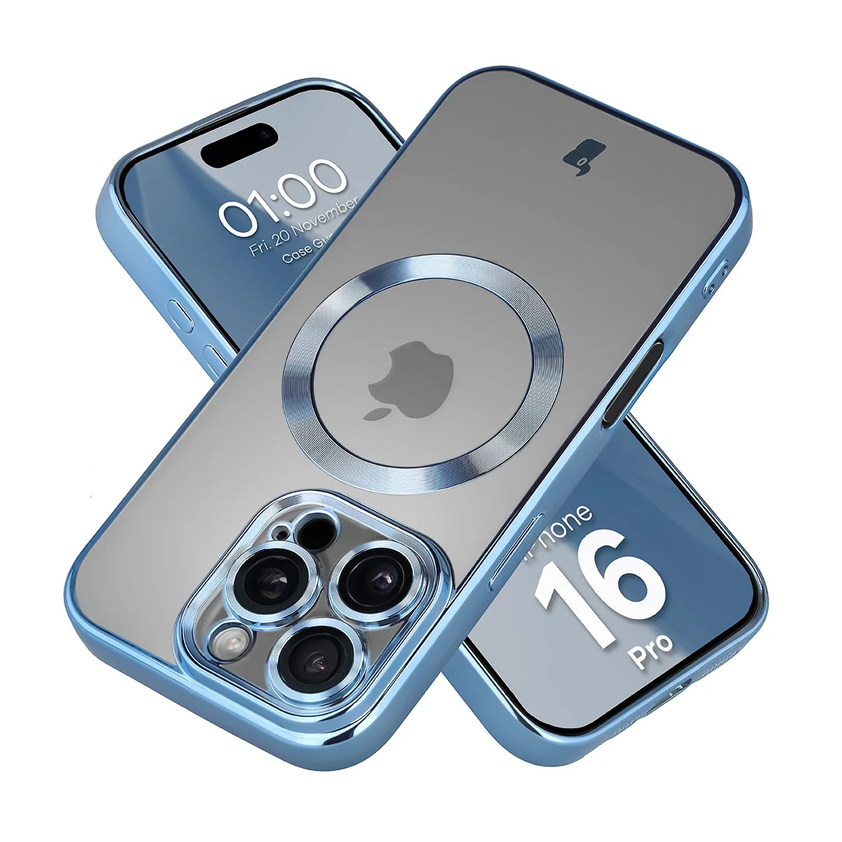 Handyhülle mit Kameraschutz und Magnetring für iPhone 16 Pro, Bizon Case GuardO, Transparent-Blau