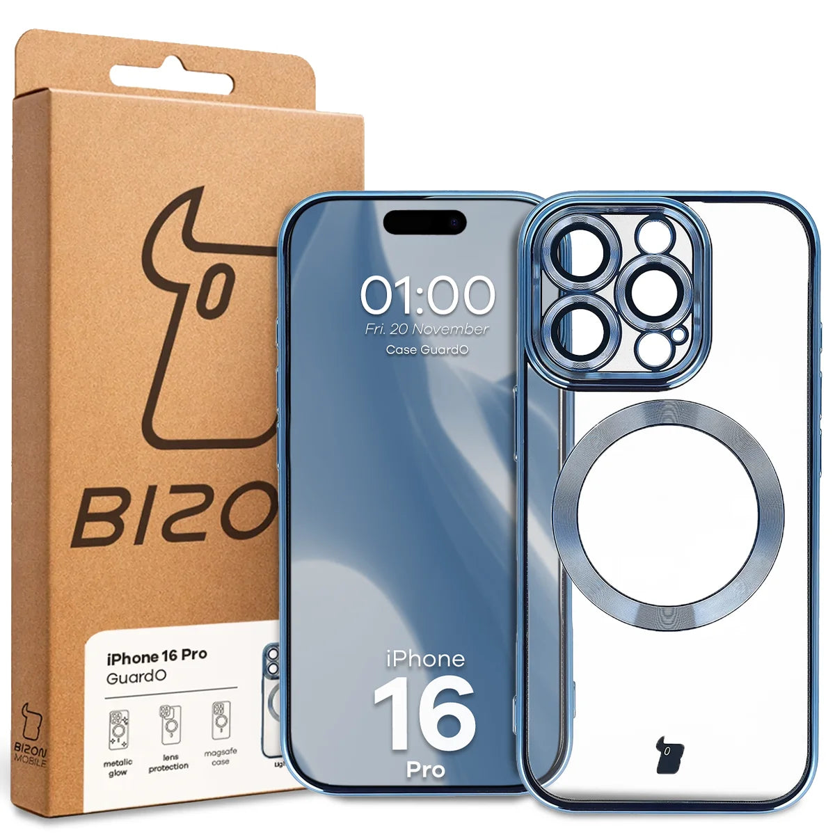 Handyhülle mit Kameraschutz und Magnetring für iPhone 16 Pro, Bizon Case GuardO, Transparent-Blau