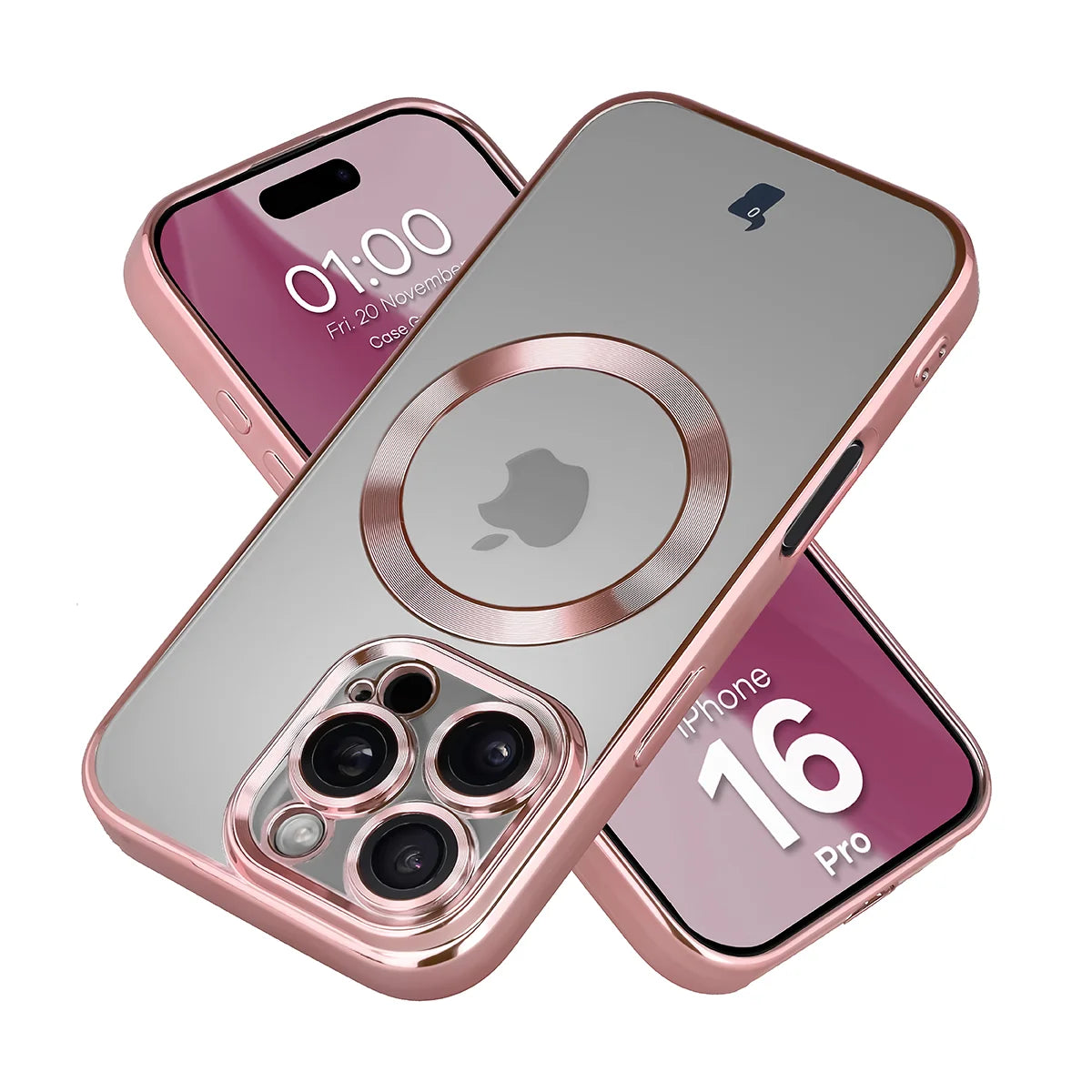 Handyhülle mit Kameraschutz und Magnetring für iPhone 16 Pro, Bizon Case GuardO, Transparent-Rosa